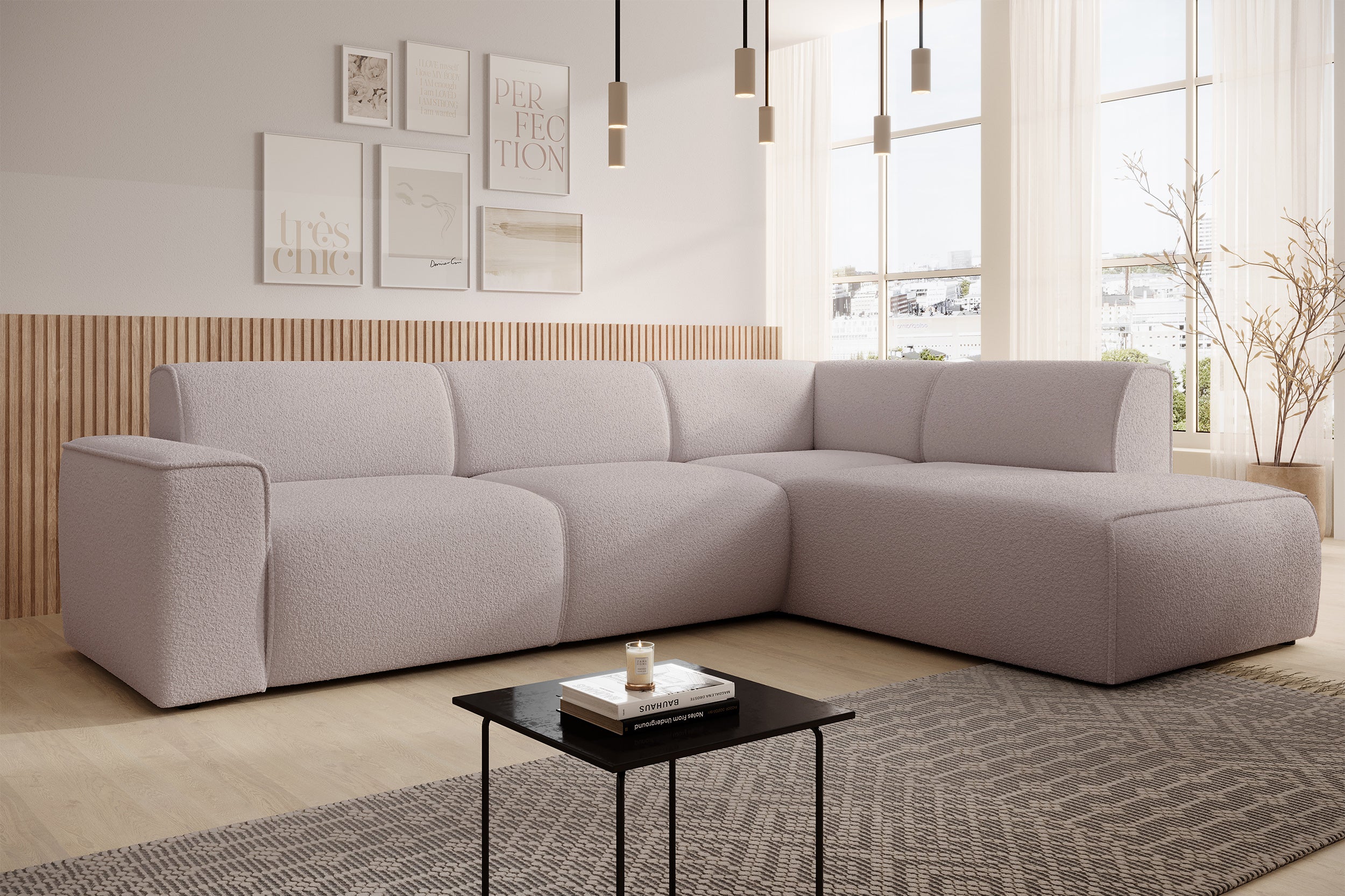 Ecksofa Bouvi L-förmig mit rechter Armlehne, beige Bouclé