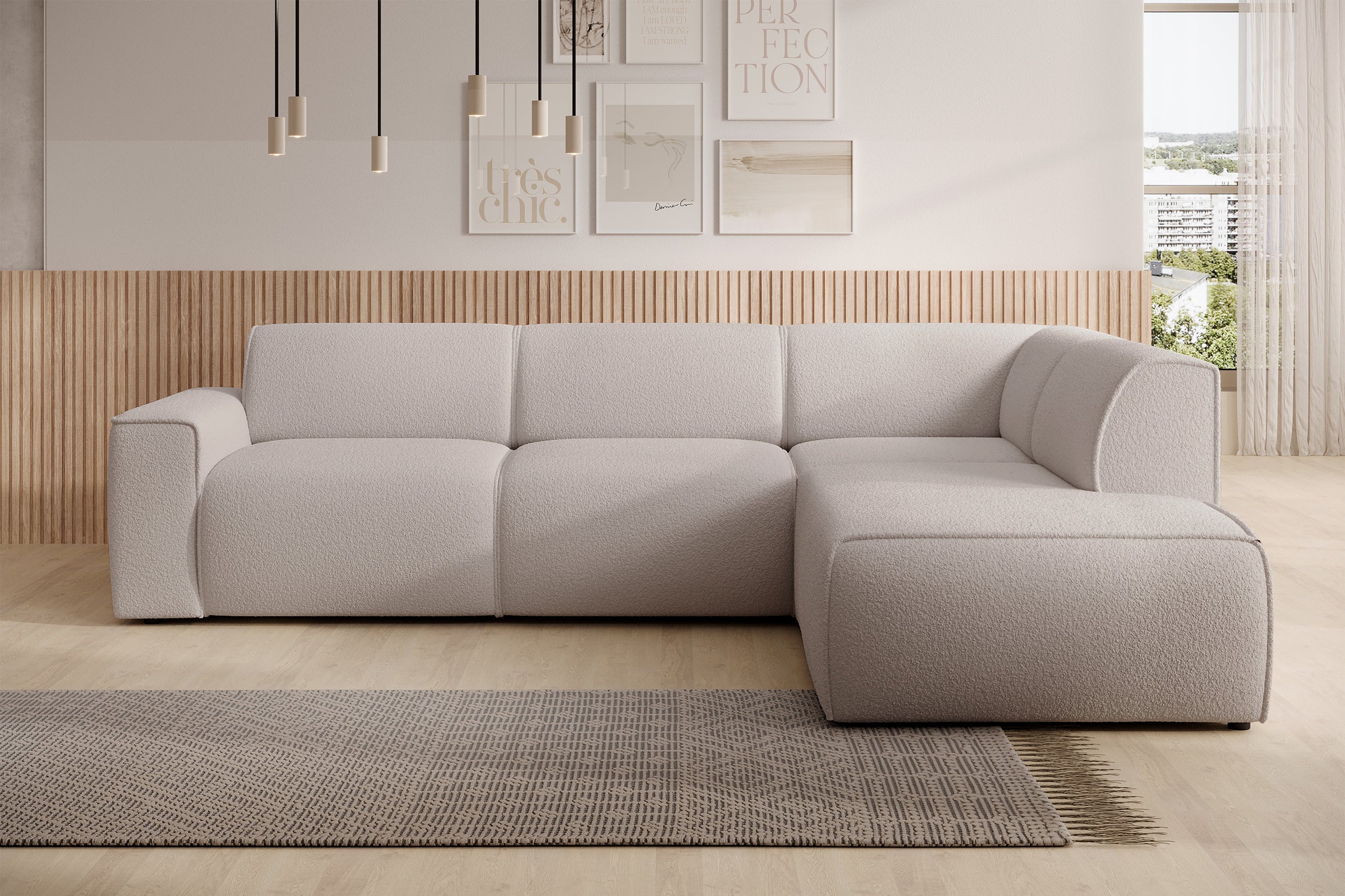 Ecksofa Bouvi L-förmig mit rechter Armlehne, hellbeige Bouclé