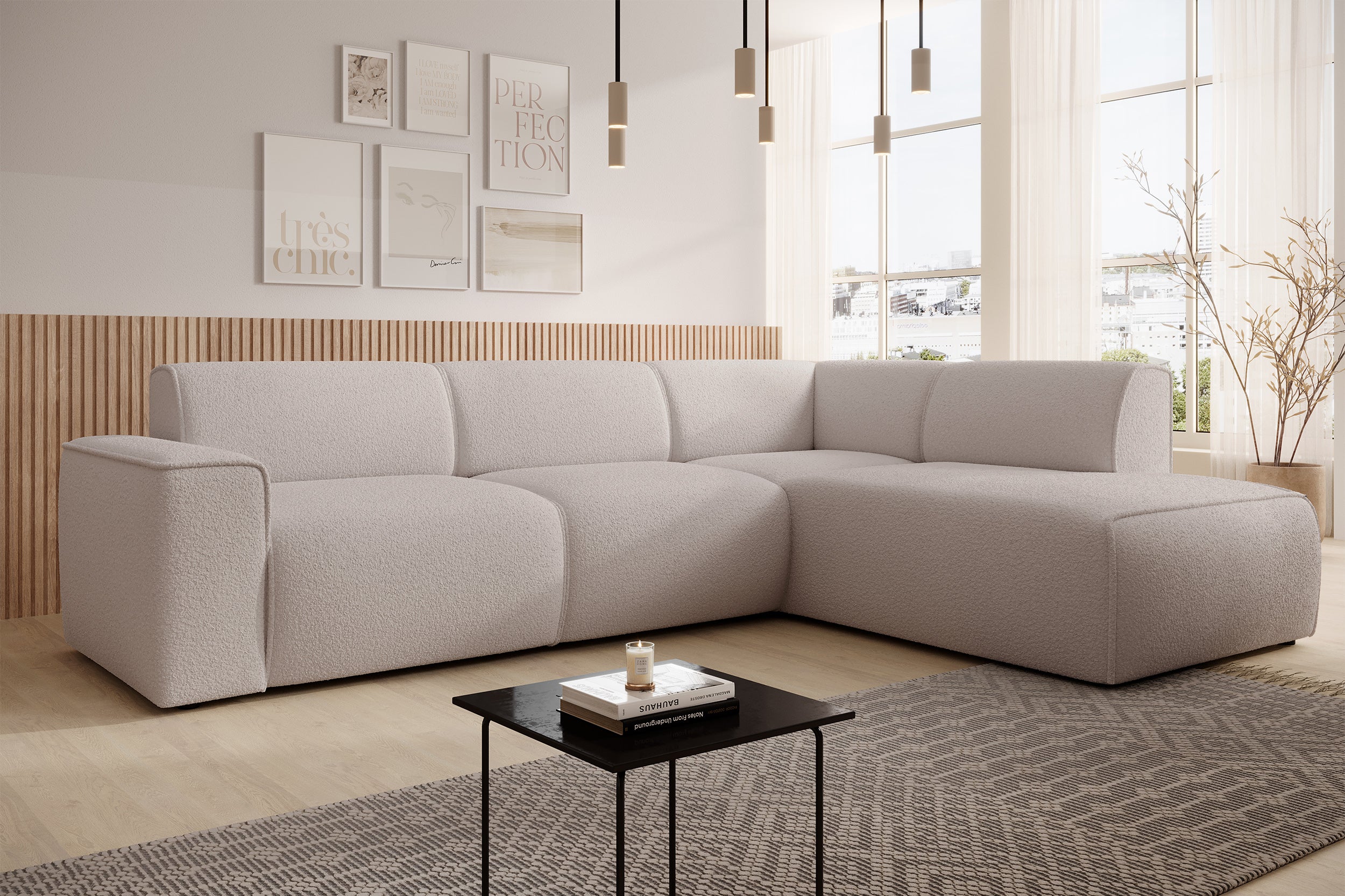 Ecksofa Bouvi L-förmig mit rechter Armlehne, hellbeige Bouclé
