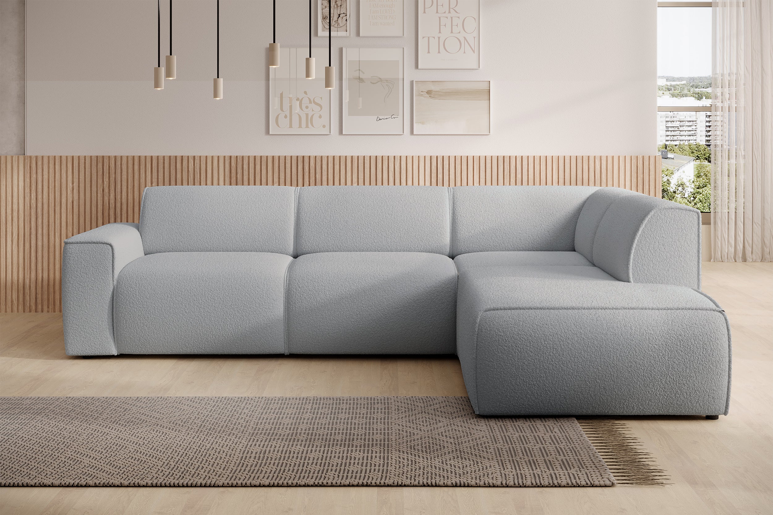 Ecksofa Bouvi L-förmig mit rechter Armlehne, hellgrauer Bouclé-Stoff