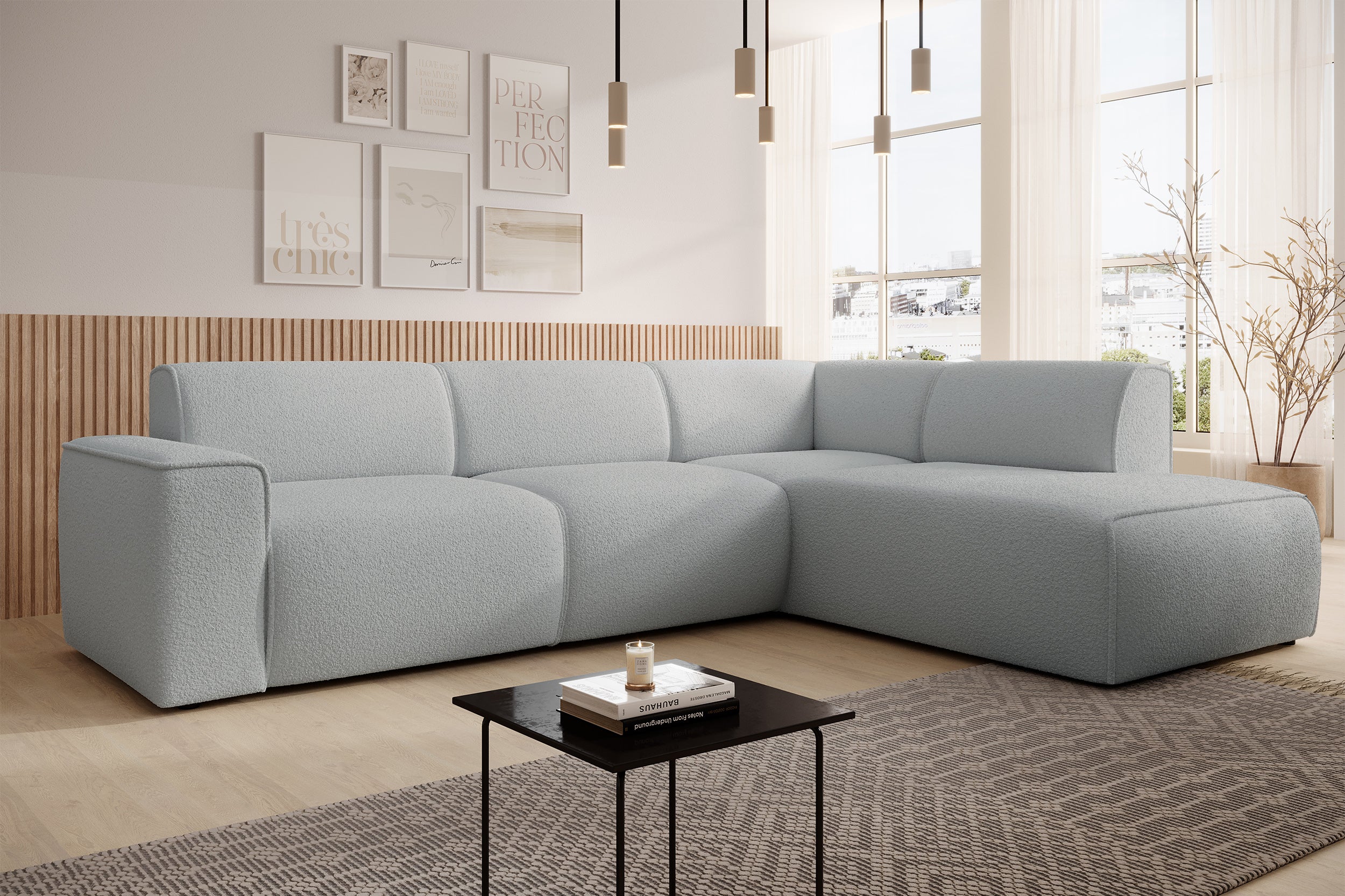 Ecksofa Bouvi L-förmig mit rechter Armlehne, hellgrauer Bouclé-Stoff