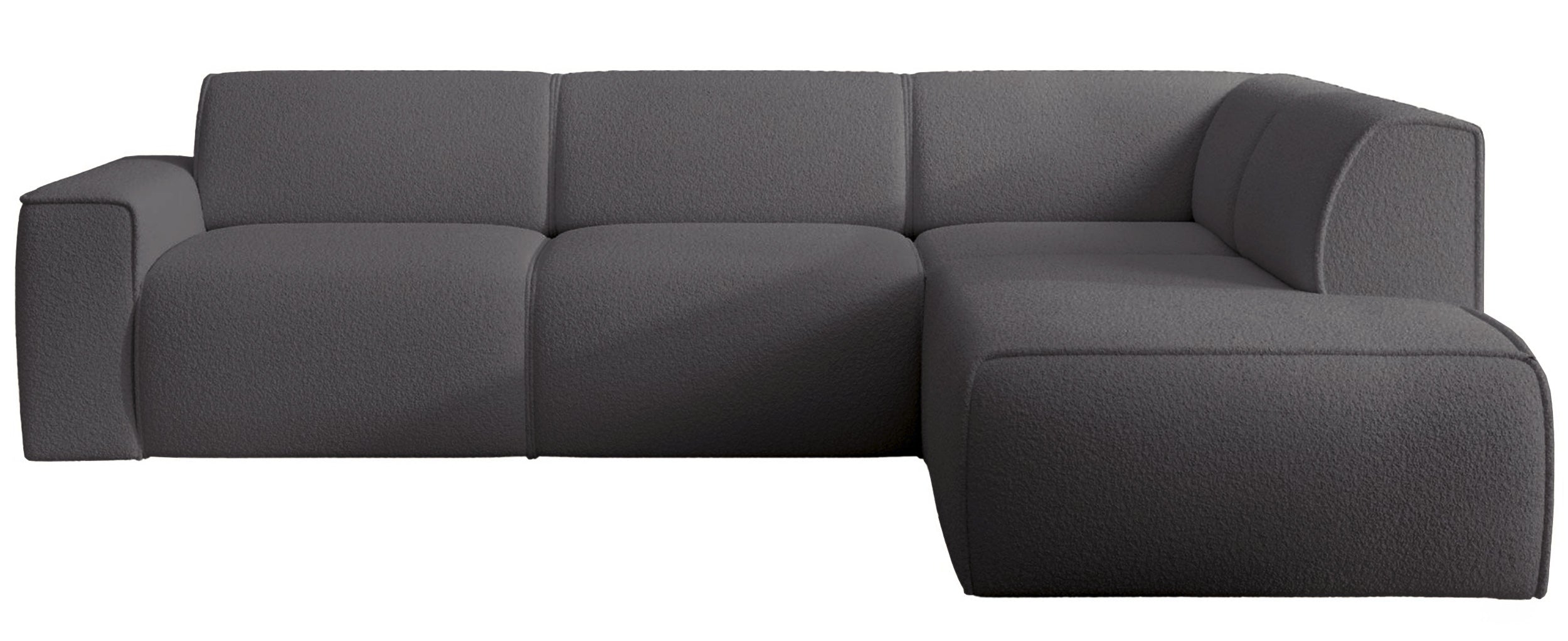 Ecksofa Bouvi L-förmig mit rechter Armlehne, dunkelgrauer Bouclé-Stoff
