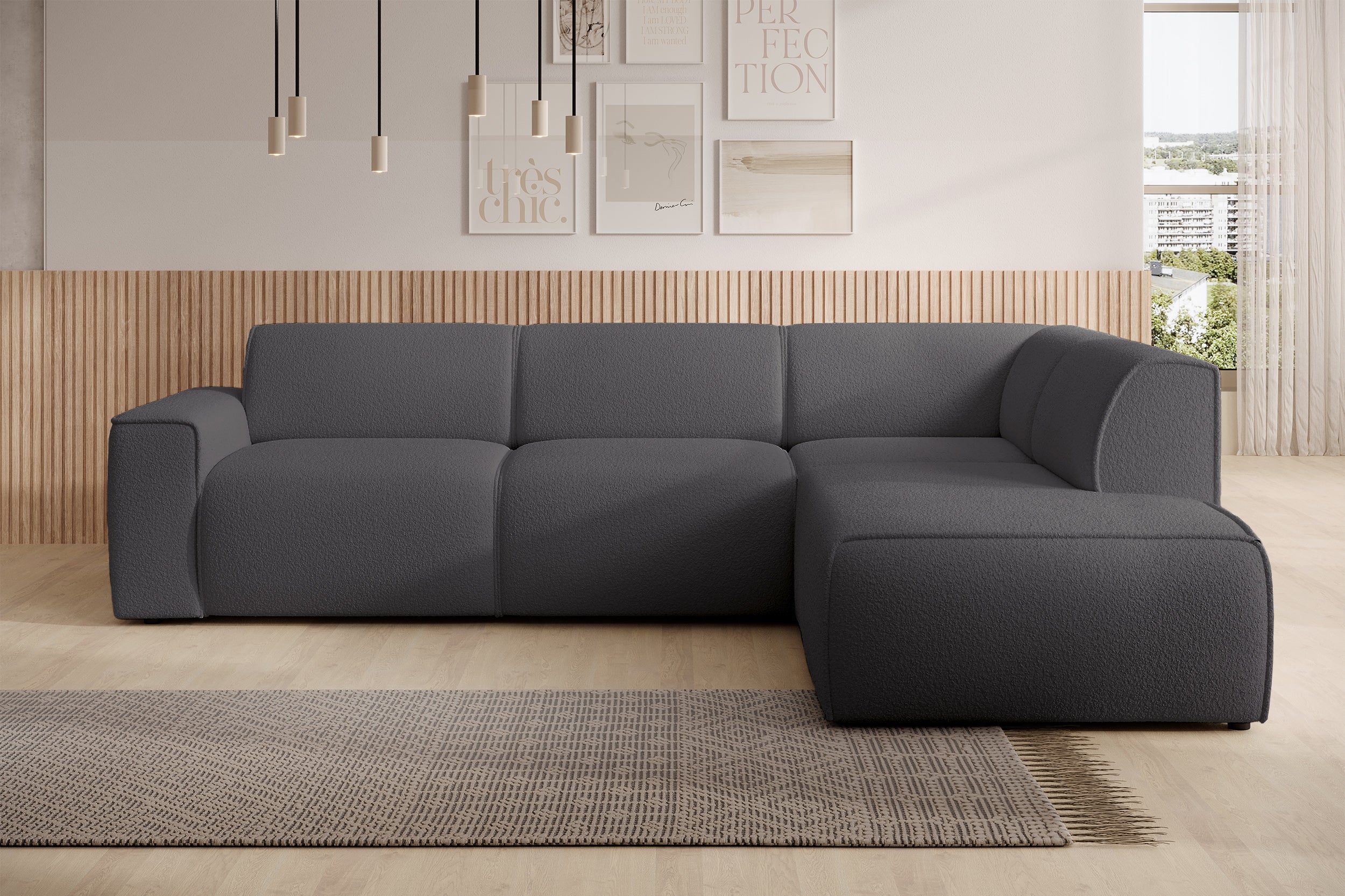 Ecksofa Bouvi L-förmig mit rechter Armlehne, dunkelgrauer Bouclé-Stoff