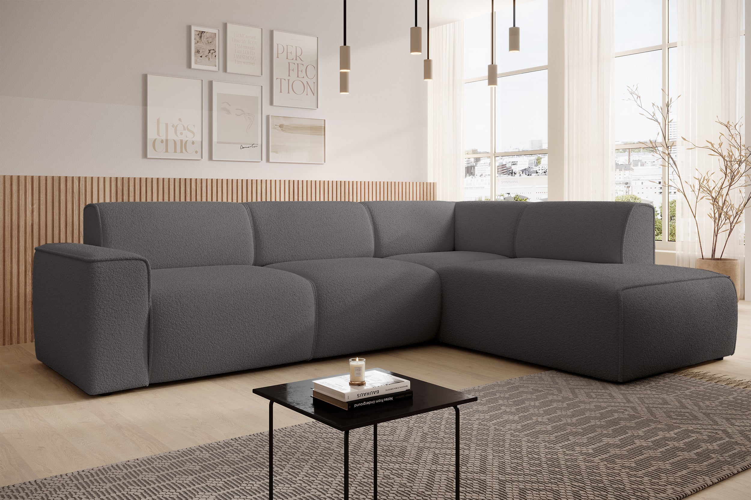 Ecksofa Bouvi L-förmig mit rechter Armlehne, dunkelgrauer Bouclé-Stoff