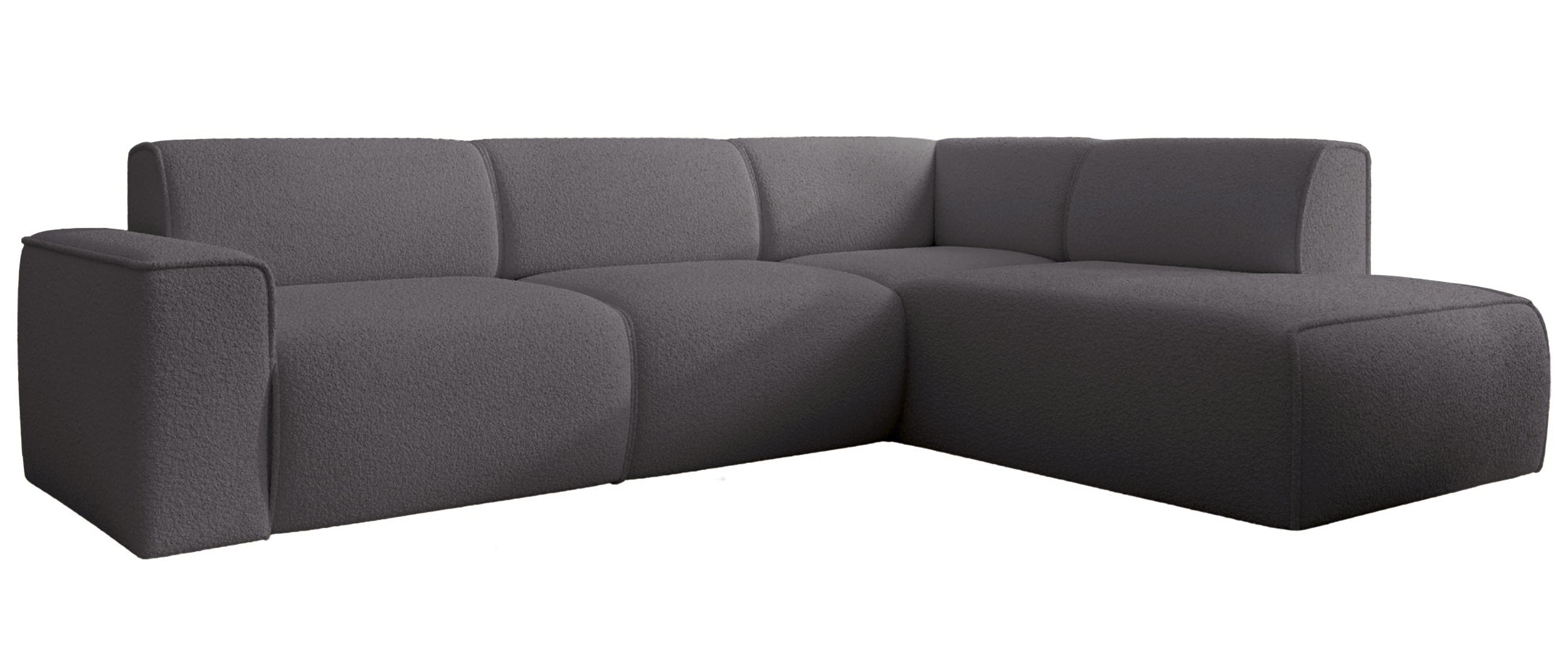 Ecksofa Bouvi L-förmig mit rechter Armlehne, dunkelgrauer Bouclé-Stoff