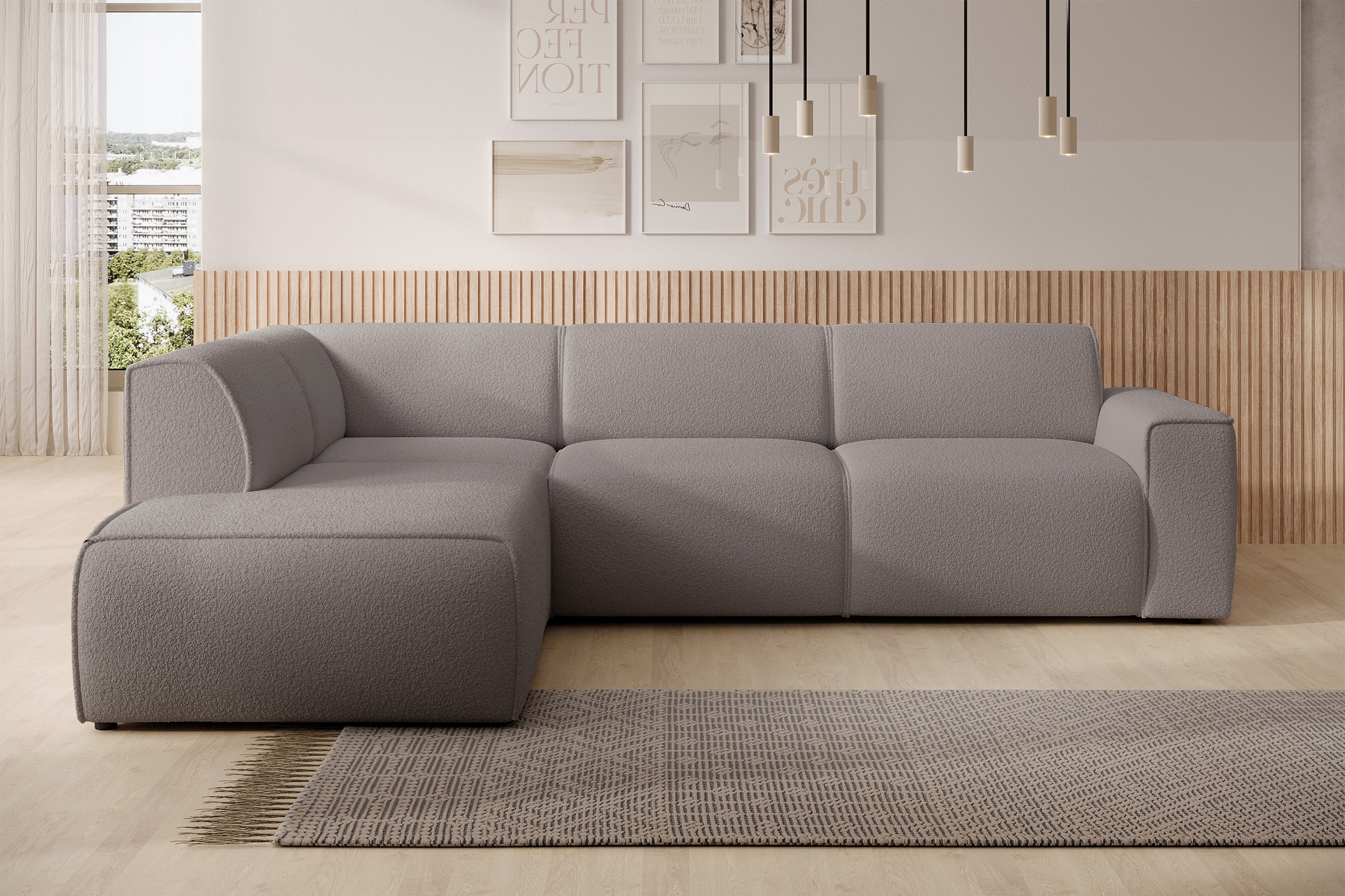 Ecksofa Bouvi L-förmig mit linker Armlehne, grau-brauner Bouclé-Stoff