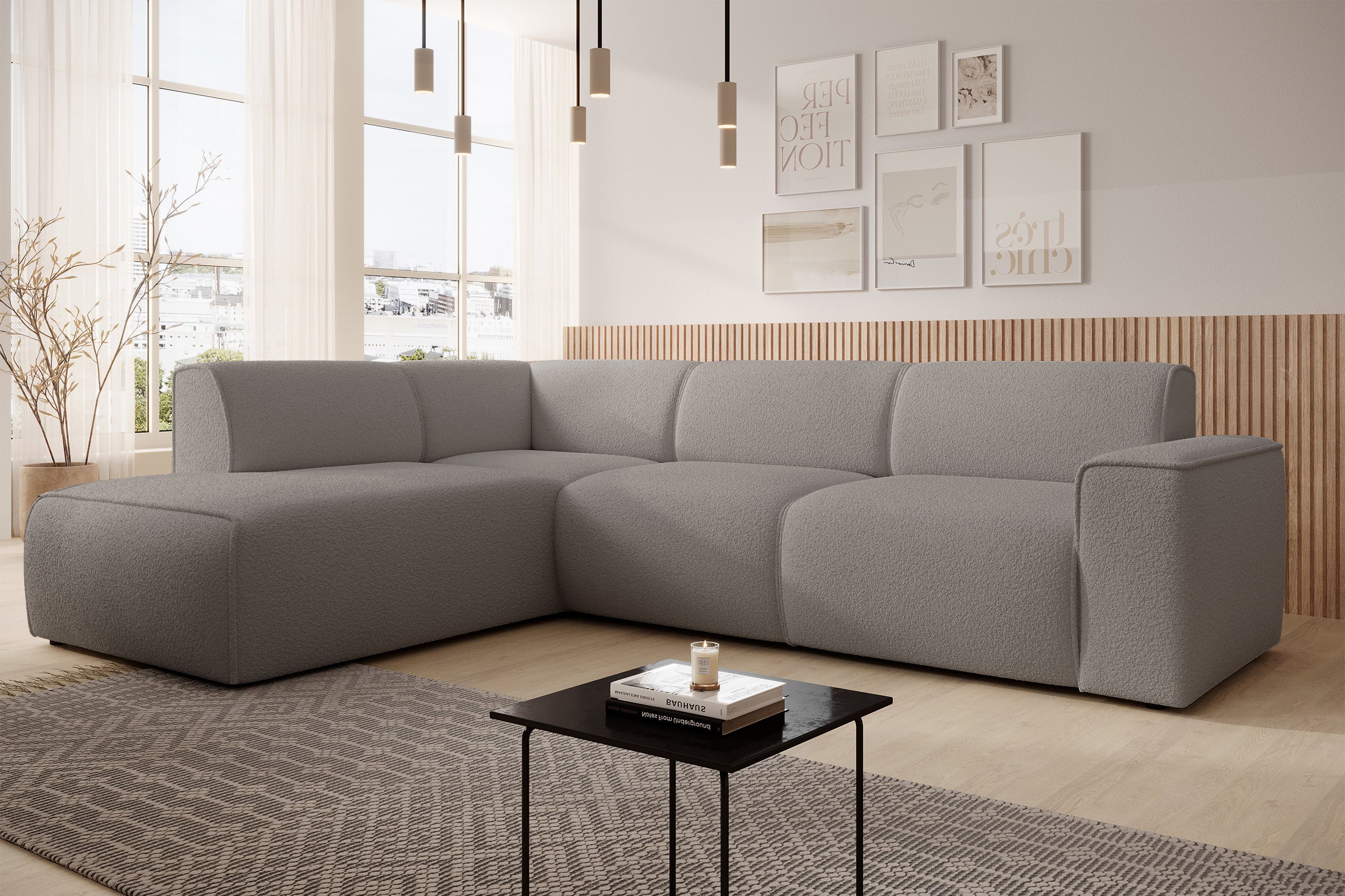 Ecksofa Bouvi L-förmig mit linker Armlehne, grau-brauner Bouclé-Stoff