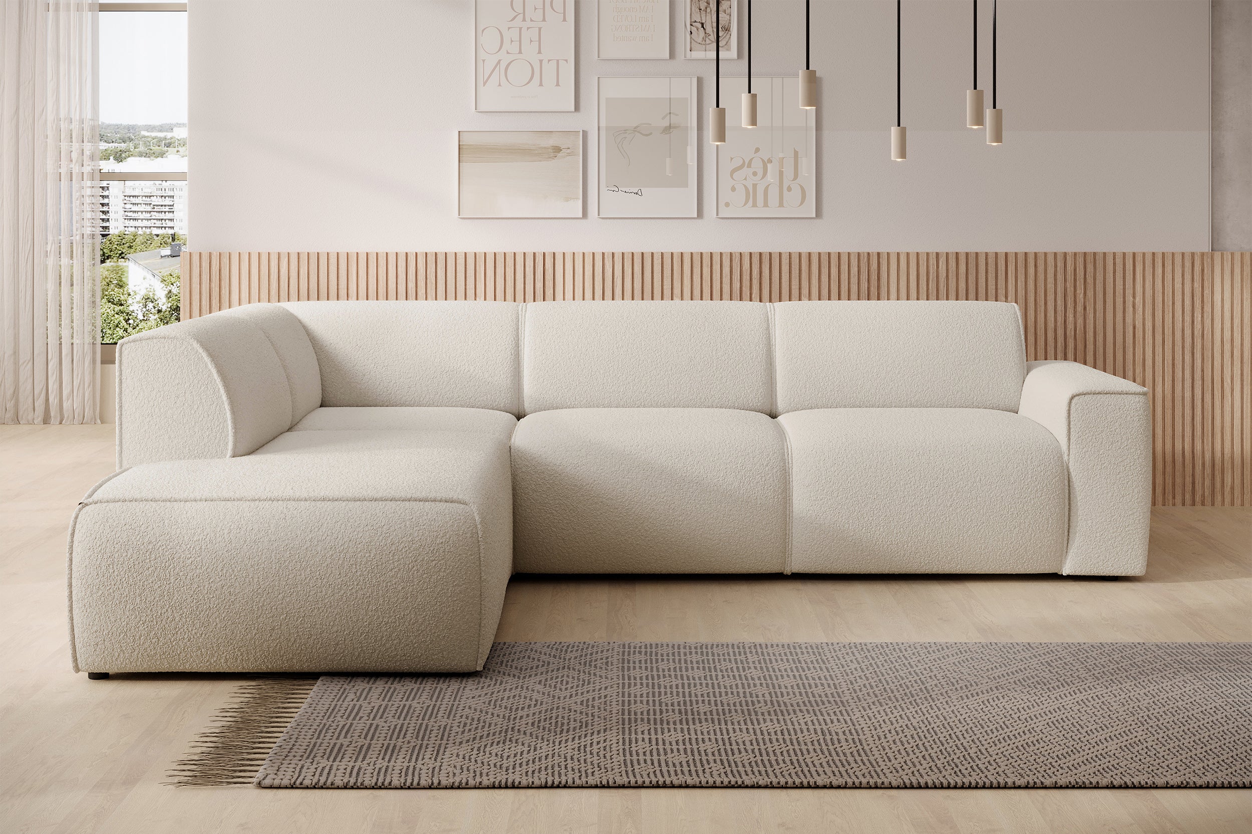 Ecksofa Bouvi L-förmig mit linker Armlehne, cremefarbenes Bouclé