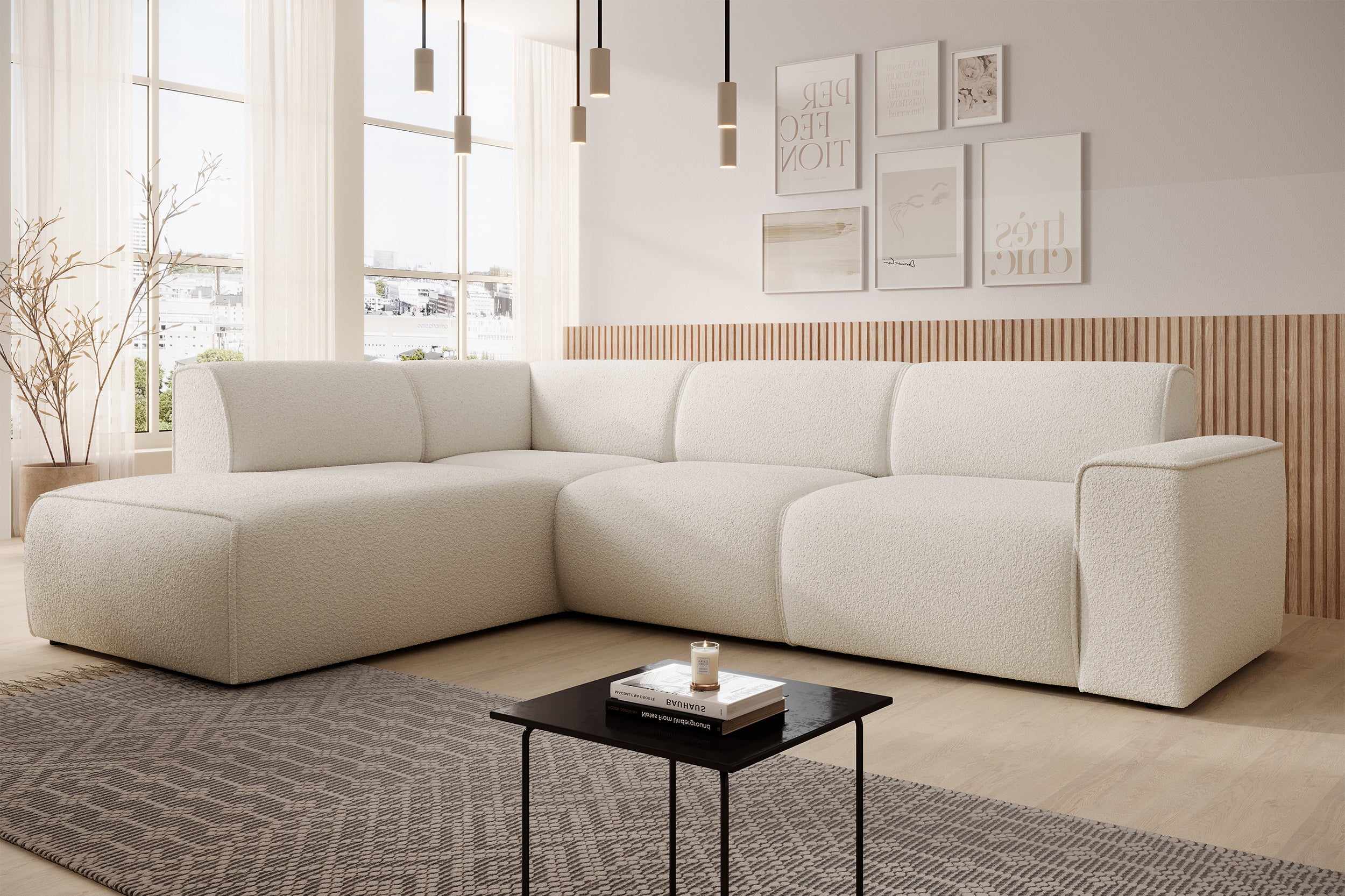 Ecksofa Bouvi L-förmig mit linker Armlehne, cremefarbenes Bouclé
