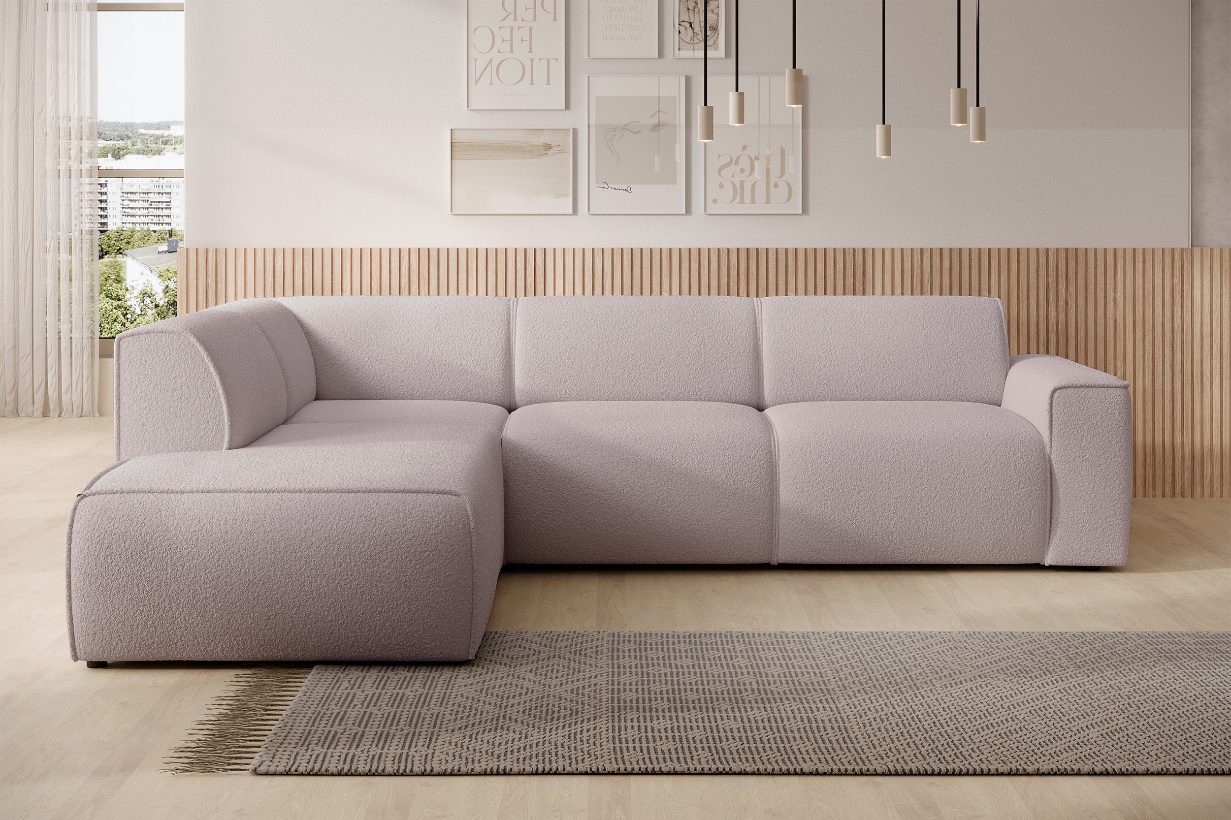 Ecksofa Bouvi L-förmig mit linker Armlehne, beige Bouclé