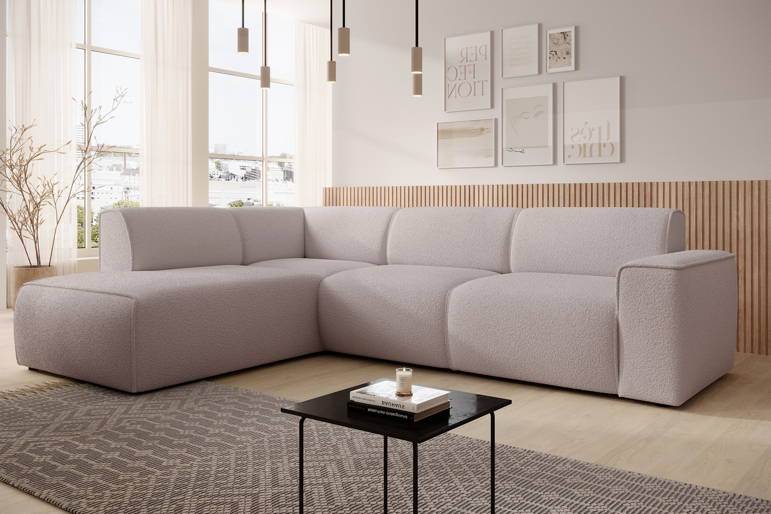Ecksofa Bouvi L-förmig mit linker Armlehne, beige Bouclé