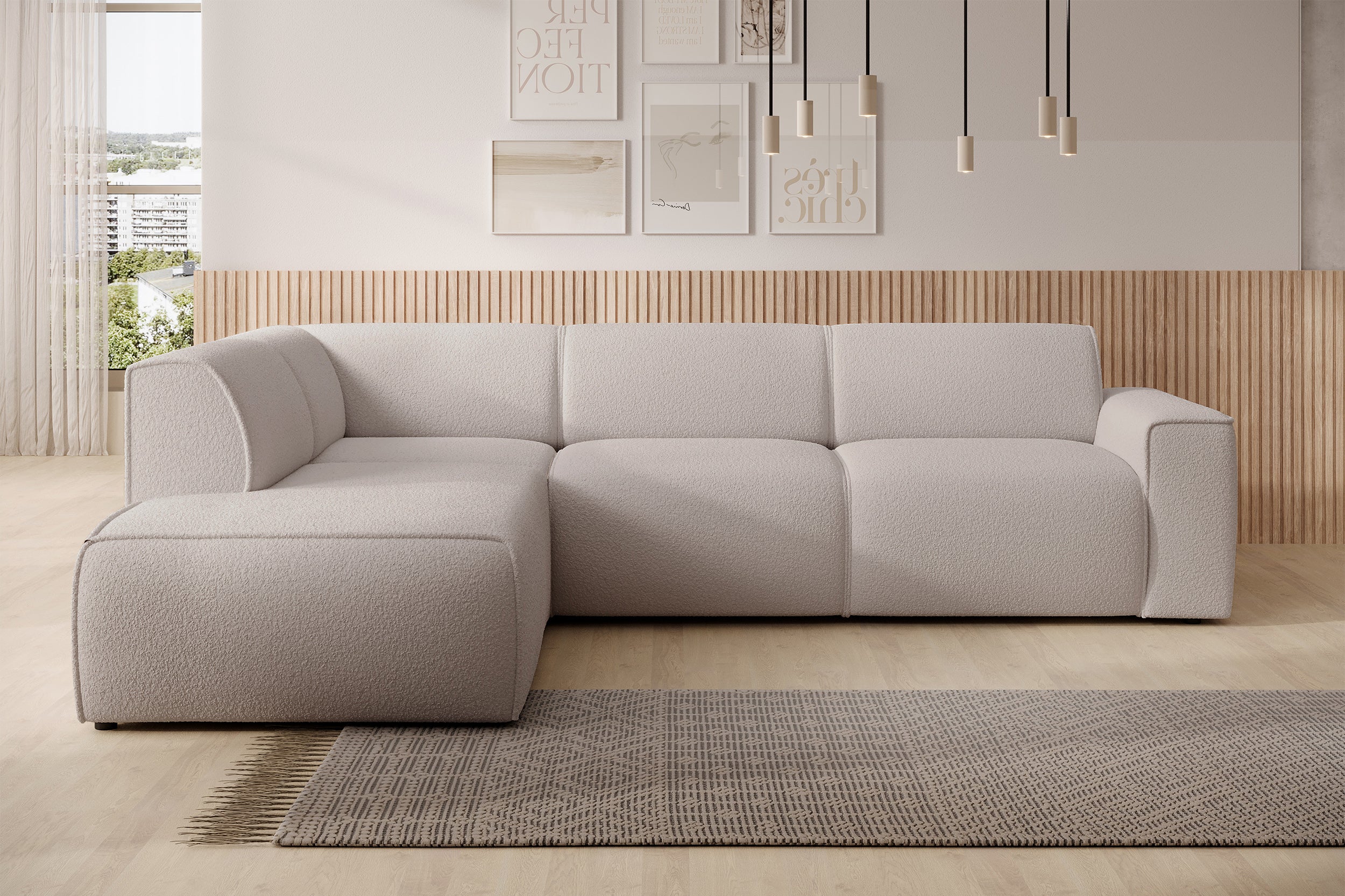 Ecksofa Bouvi L-förmig mit linker Armlehne, hellbeiger Bouclé-Stoff