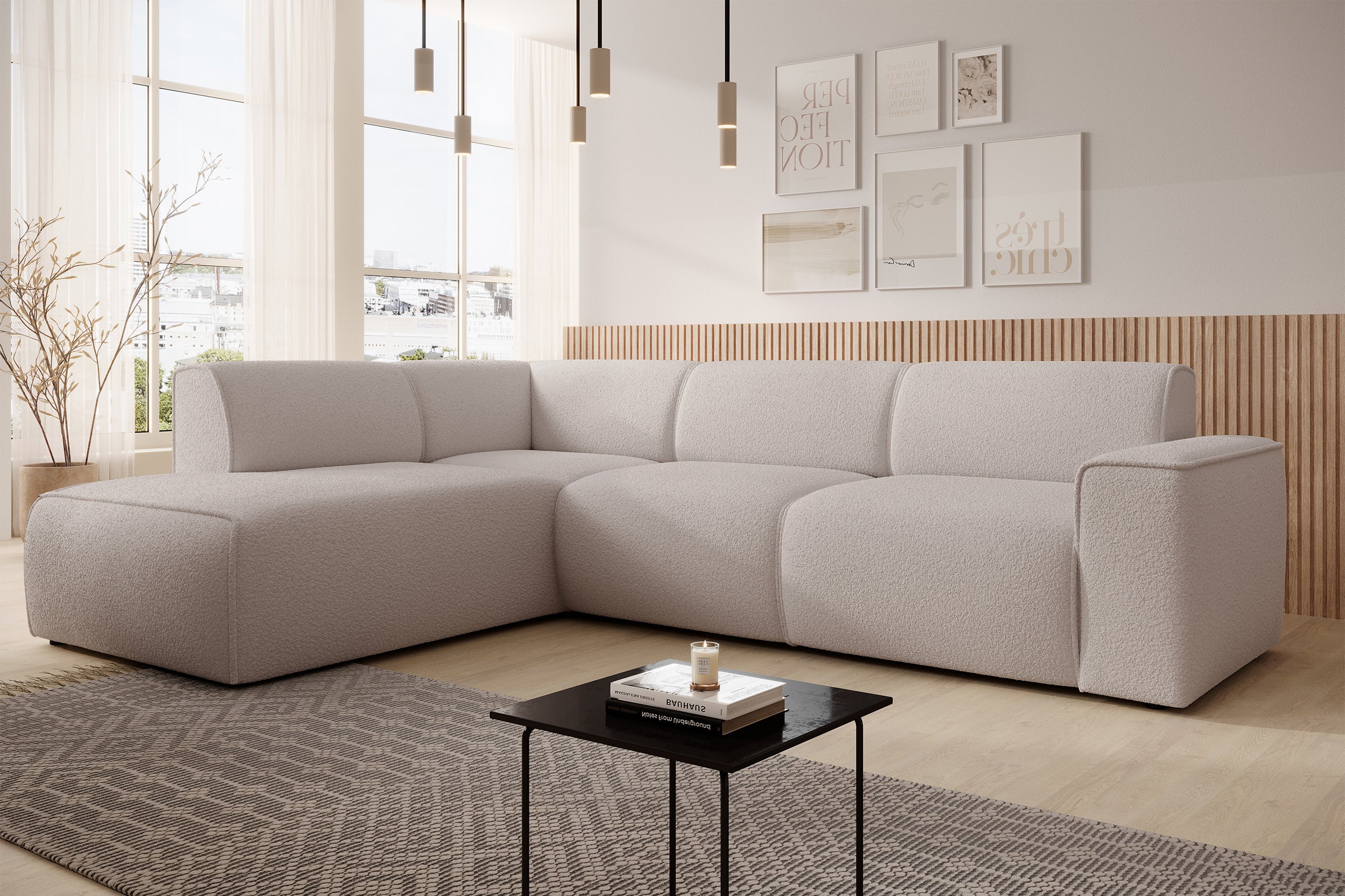 Ecksofa Bouvi L-förmig mit linker Armlehne, hellbeiger Bouclé-Stoff