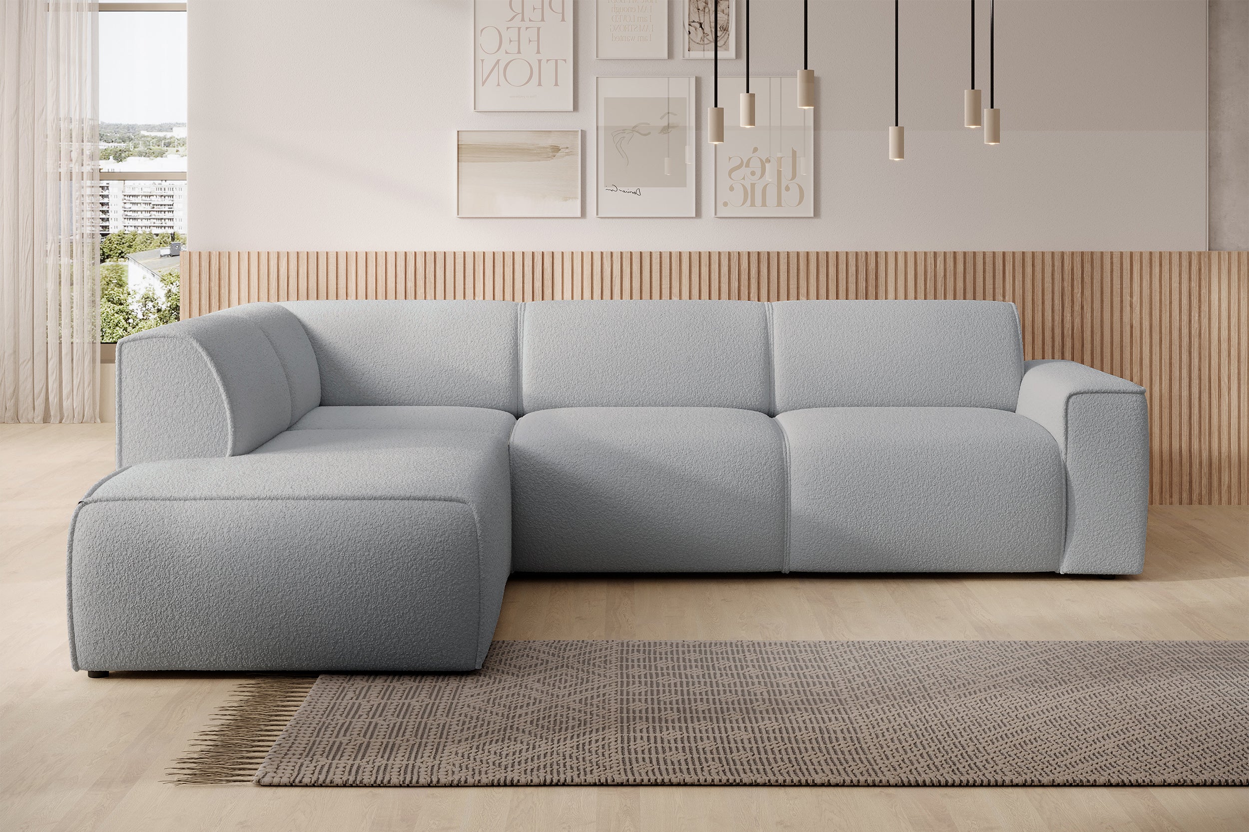 Ecksofa Bouvi L-förmig mit linker Armlehne, hellgrauer Bouclé-Stoff