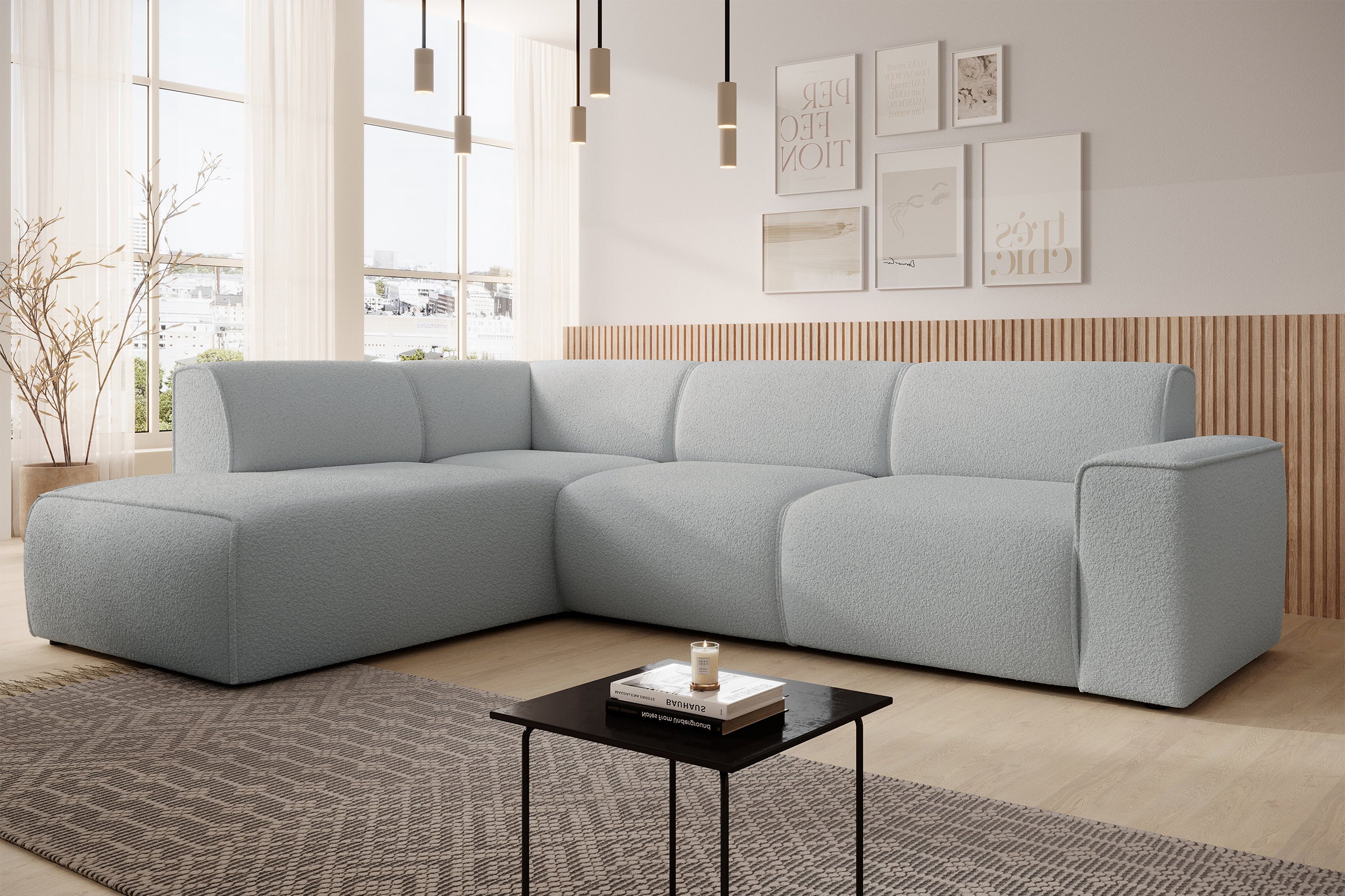 Ecksofa Bouvi L-förmig mit linker Armlehne, hellgrauer Bouclé-Stoff