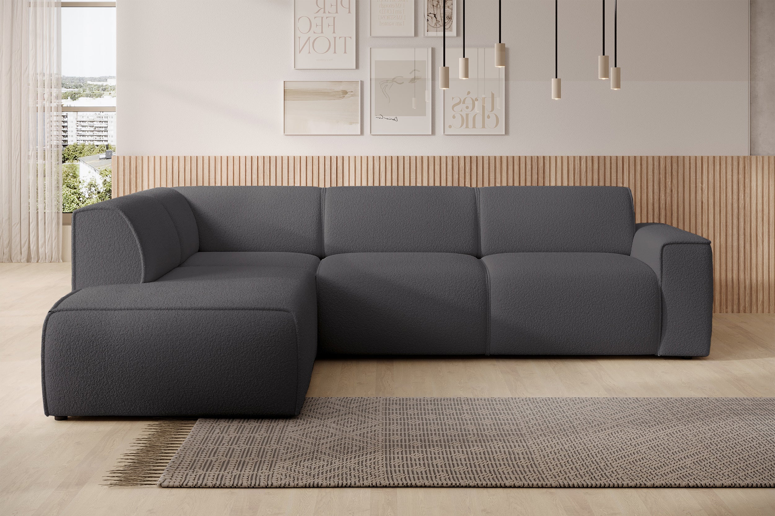 Ecksofa Bouvi L-förmig mit linker Armlehne, dunkelgrauer Bouclé-Stoff
