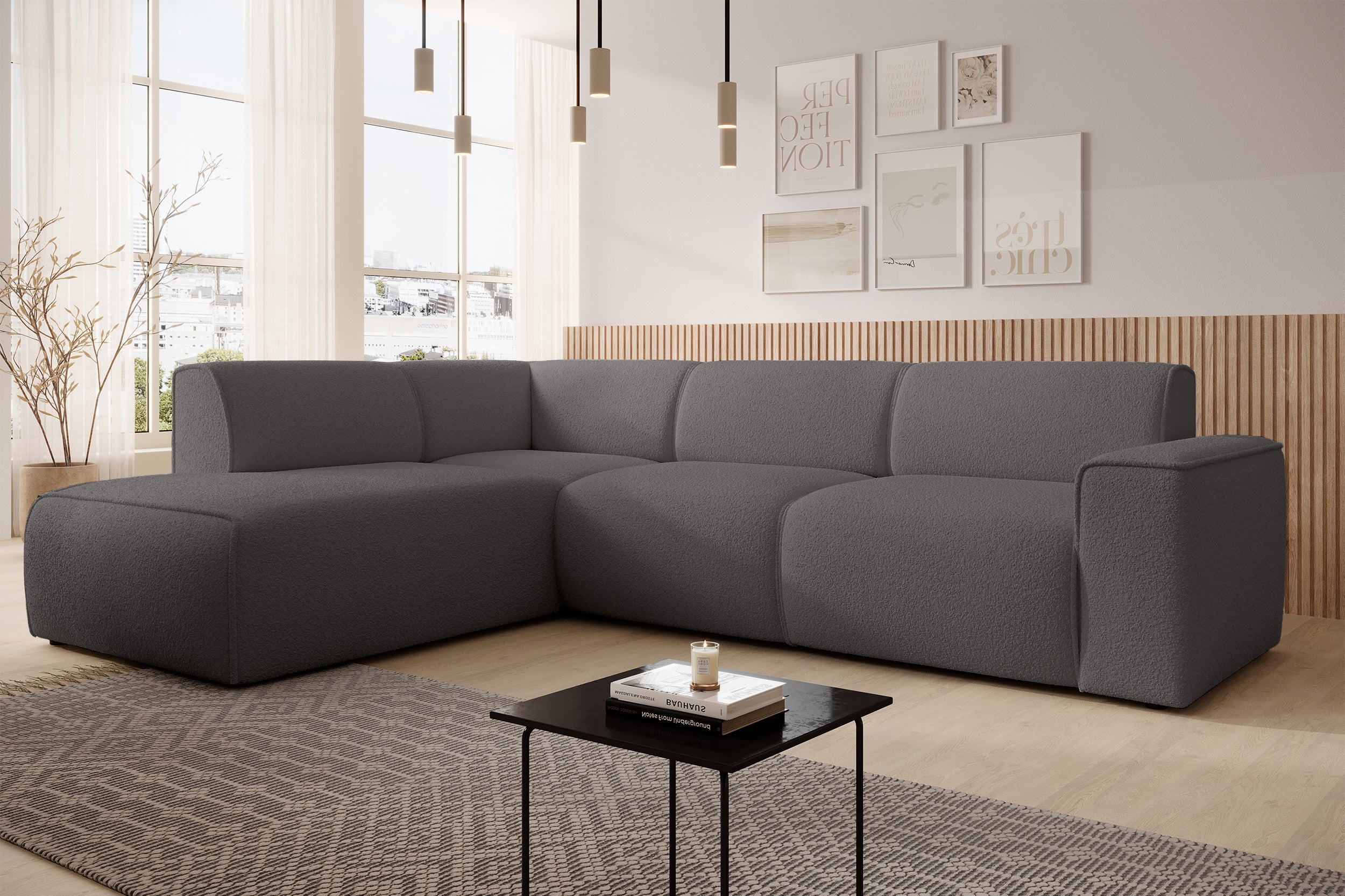 Ecksofa Bouvi L-förmig mit linker Armlehne, dunkelgrauer Bouclé-Stoff