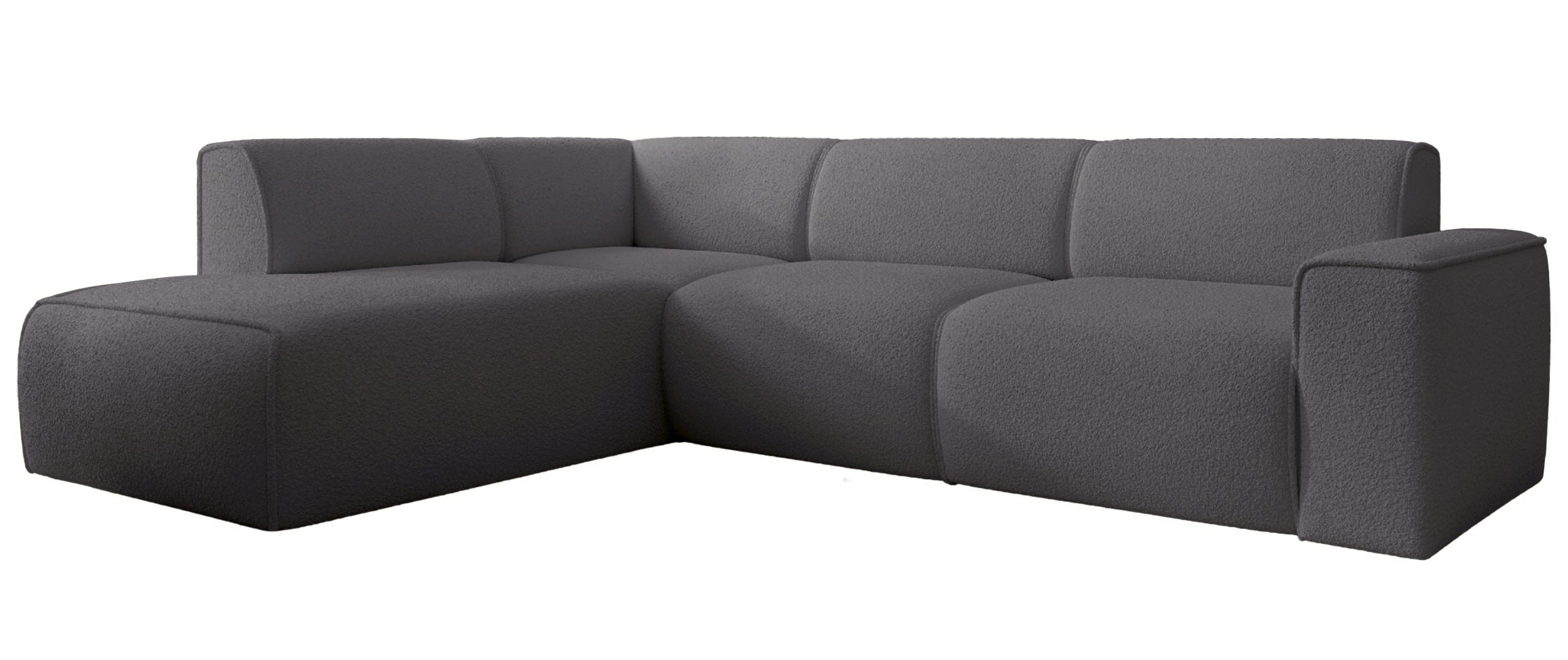 Ecksofa Bouvi L-förmig mit linker Armlehne, dunkelgrauer Bouclé-Stoff