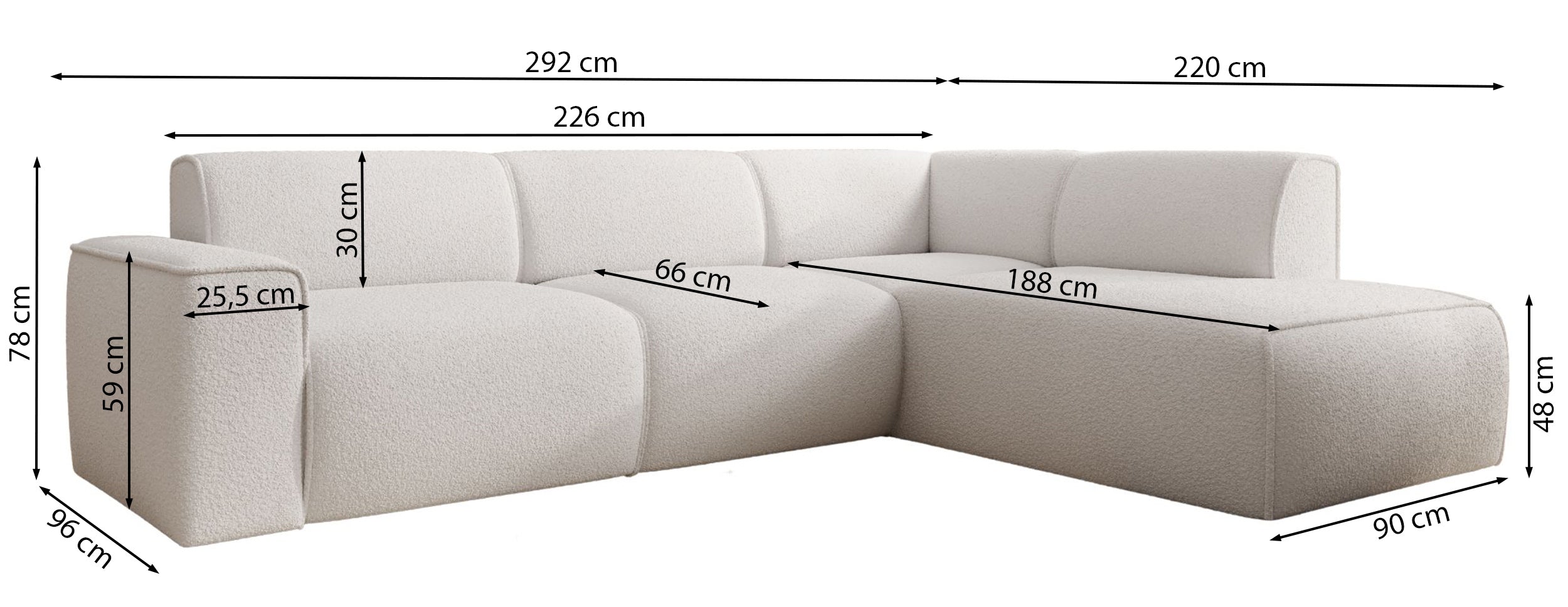 Ecksofa Bouvi L-förmig mit linker Armlehne, beige Bouclé