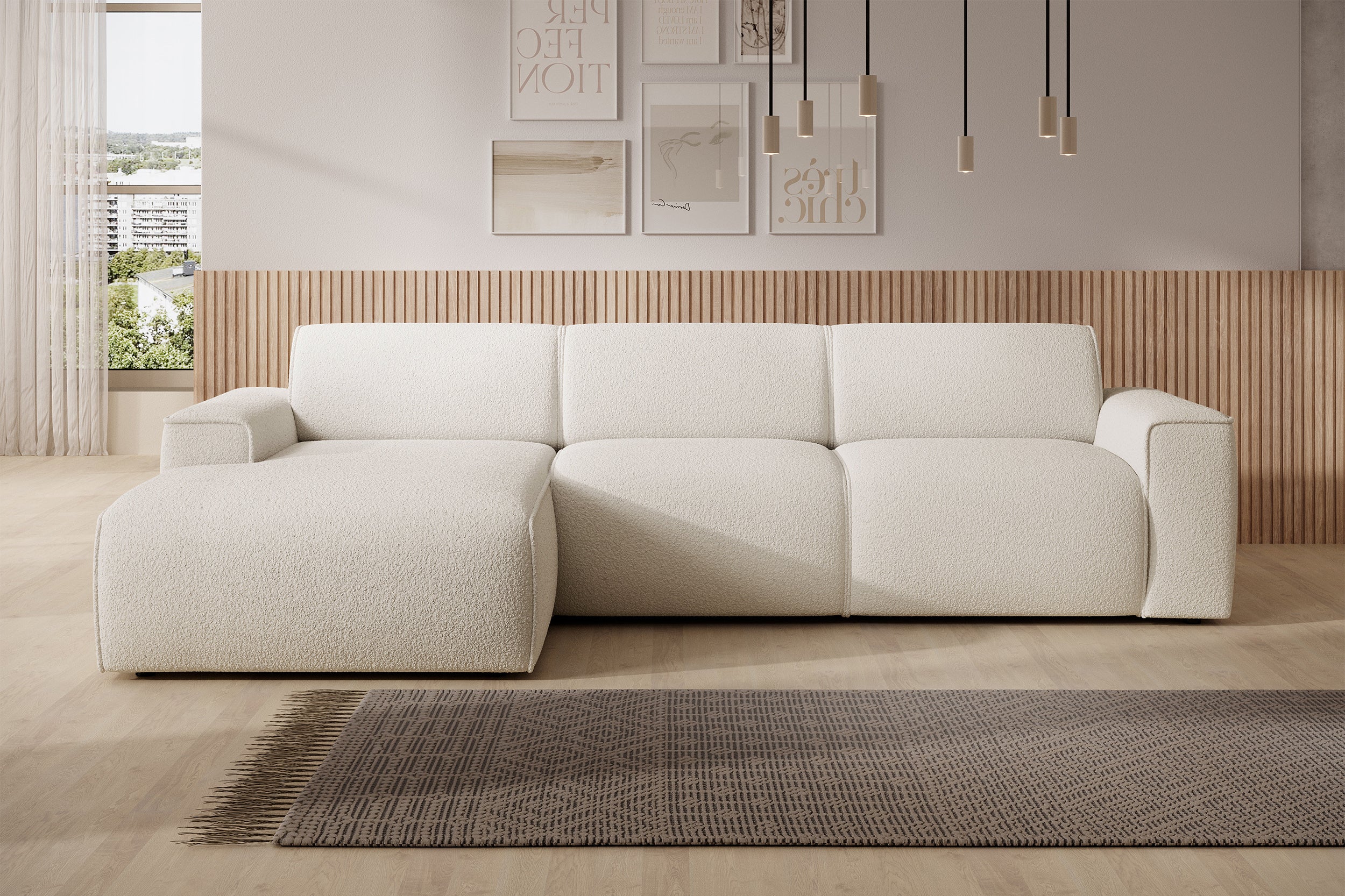 Ecksofa Bouvi L-förmig links kremfarben Bouclé
