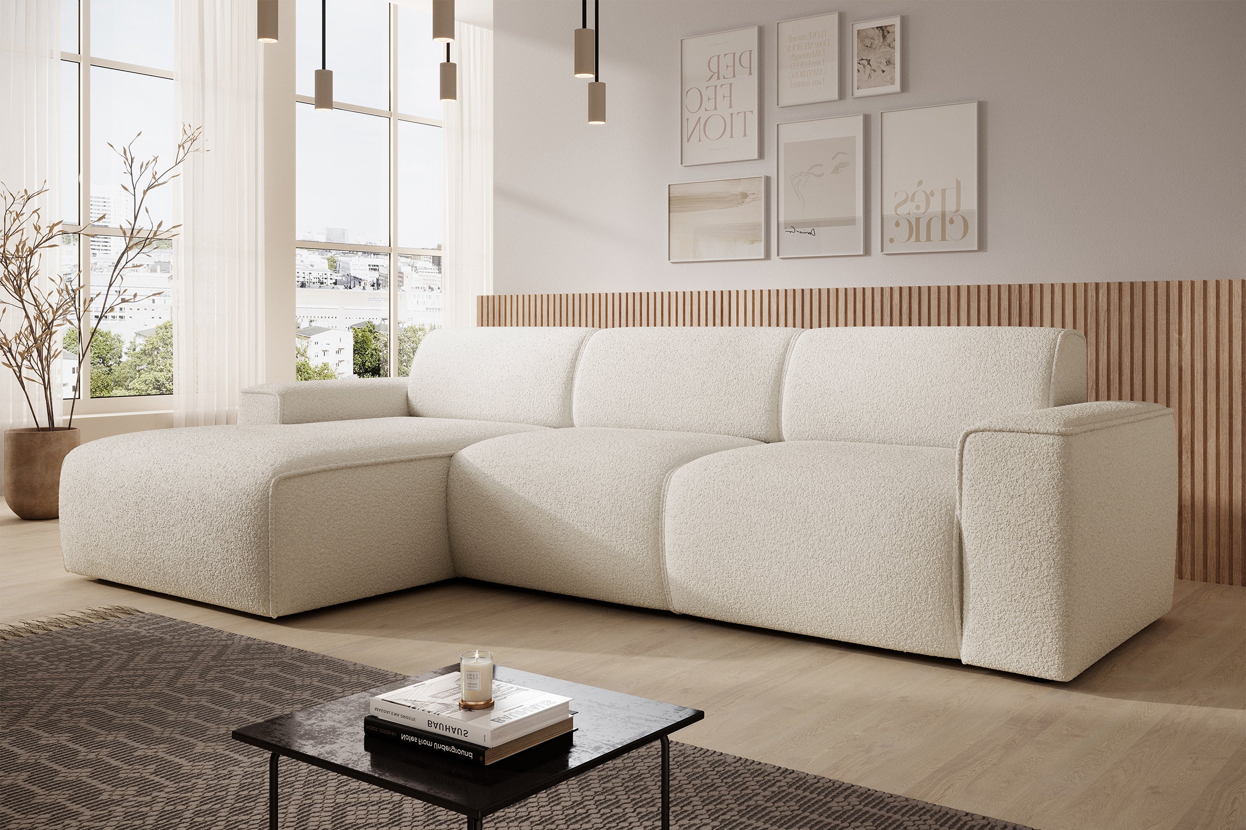 Ecksofa Bouvi L-förmig links kremfarben Bouclé