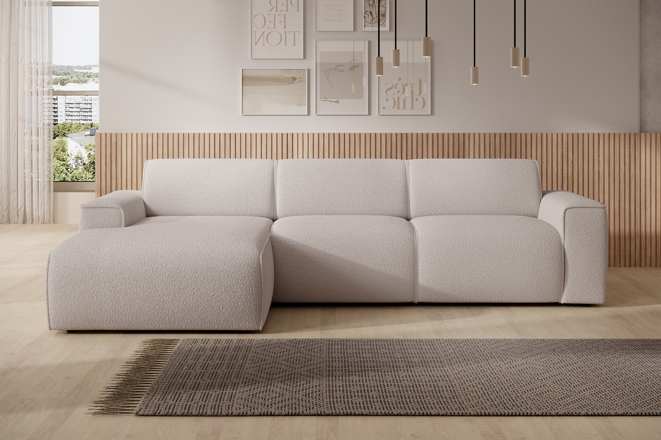 Ecksofa Bouvi, L-förmig, linksseitig, hellbeige Bouclé
