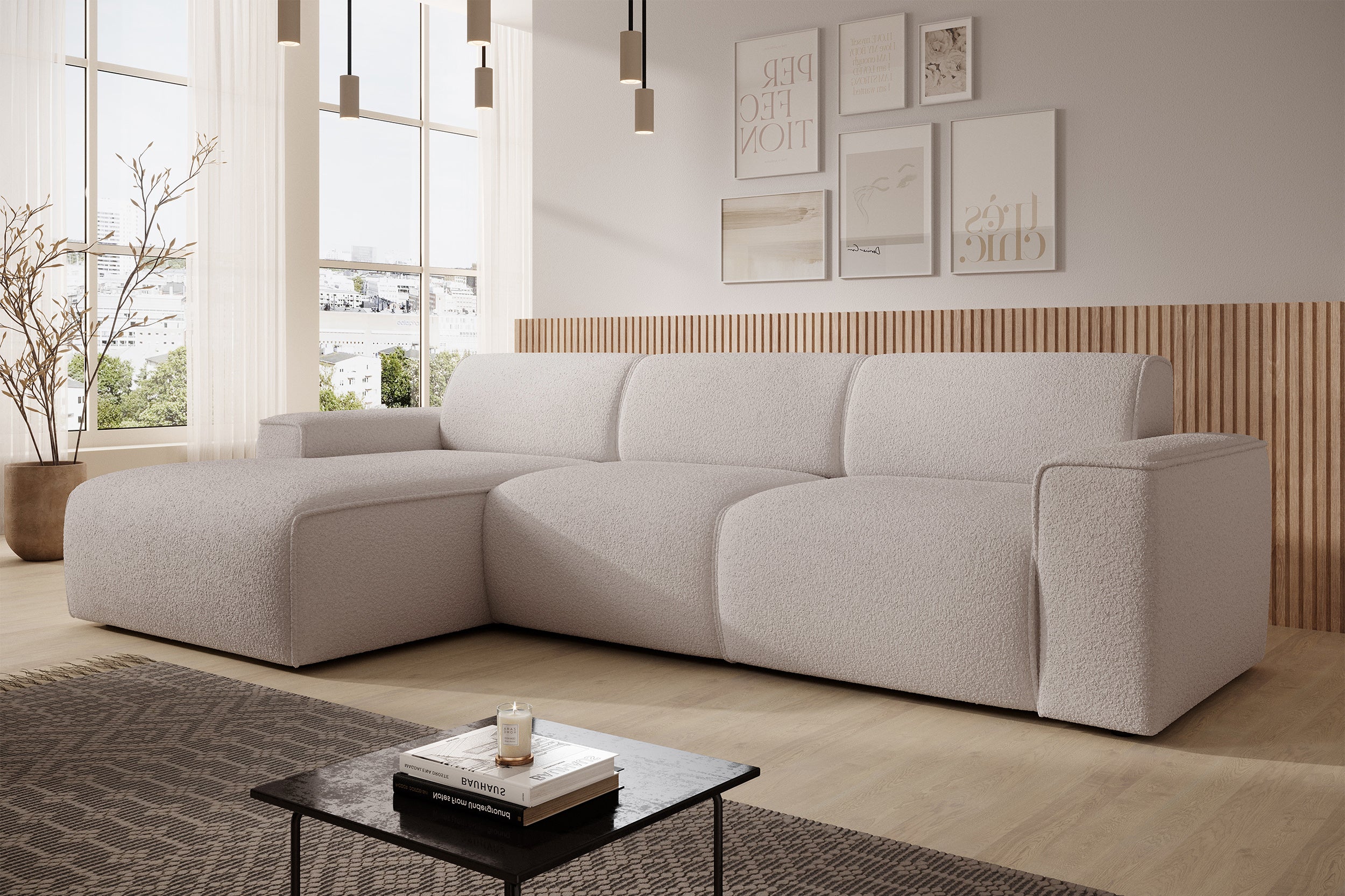 Ecksofa Bouvi, L-förmig, linksseitig, hellbeige Bouclé