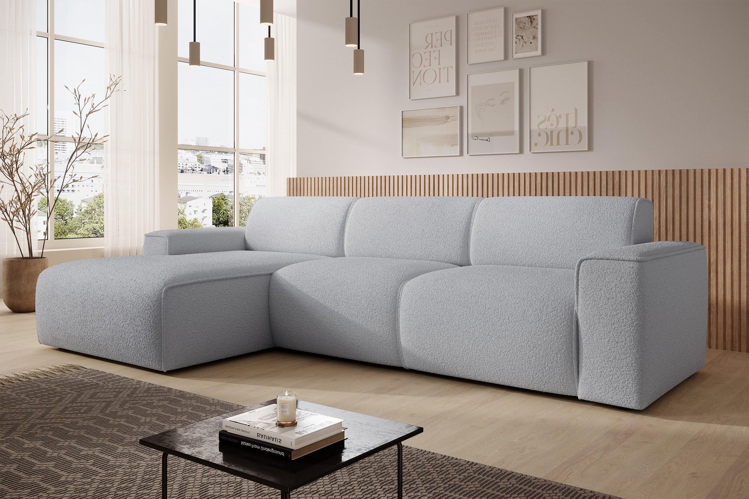 Ecksofa Bouvi L-förmig linksseitig hellgrauer Bouclé-Stoff