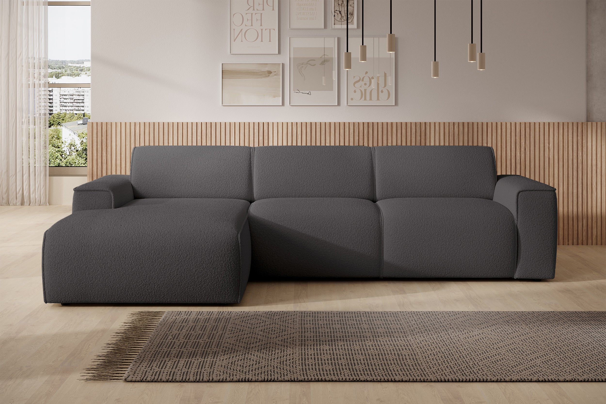 Ecksofa Bouvi L-förmig linksseitig dunkelgrauer Bouclé