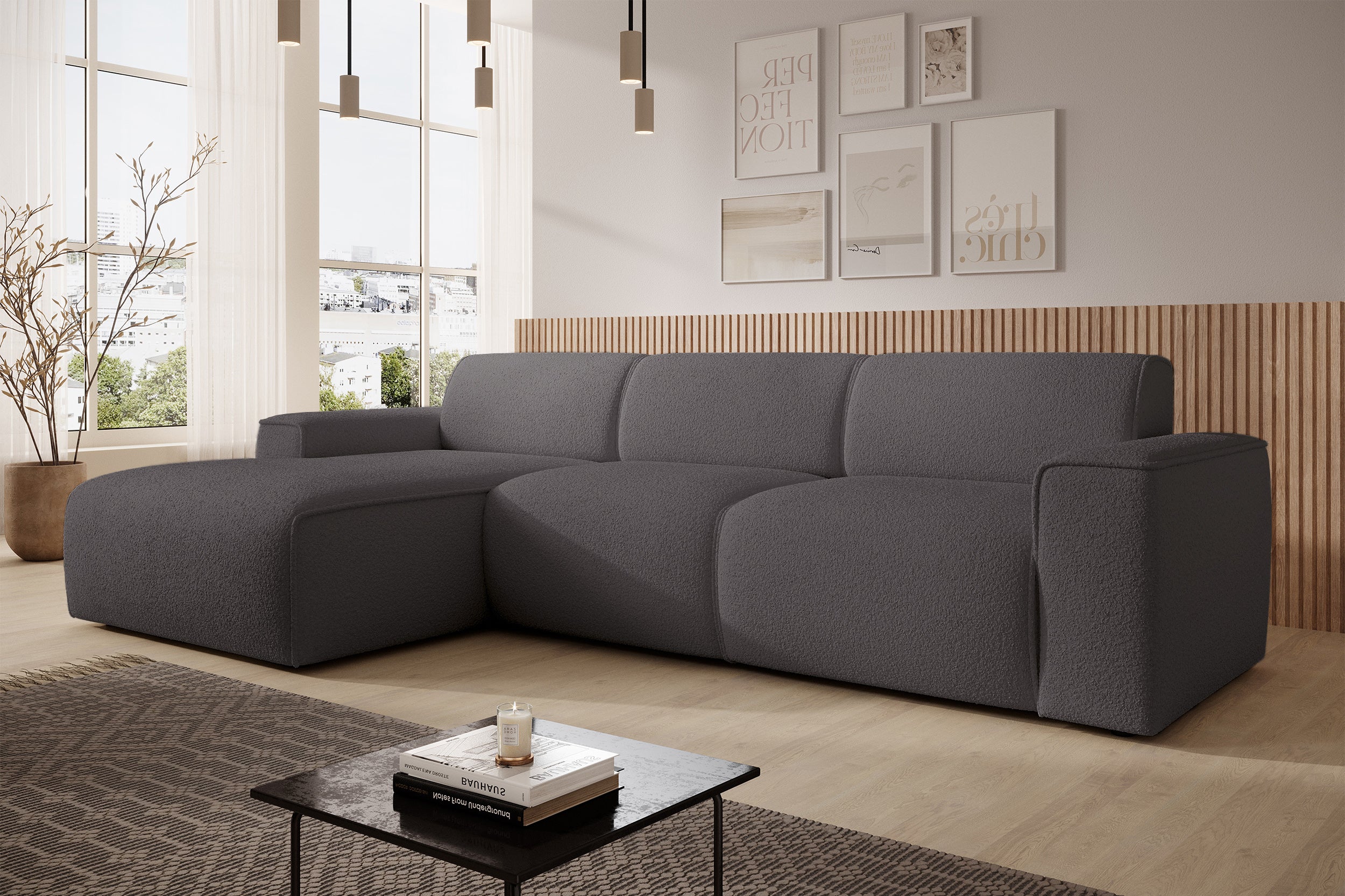 Ecksofa Bouvi L-förmig linksseitig dunkelgrauer Bouclé