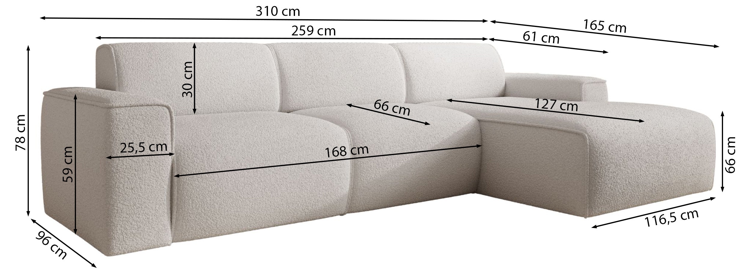 Ecksofa Bouvi L-förmig, rechtsseitig, dunkelgrauer Bouclé-Stoff