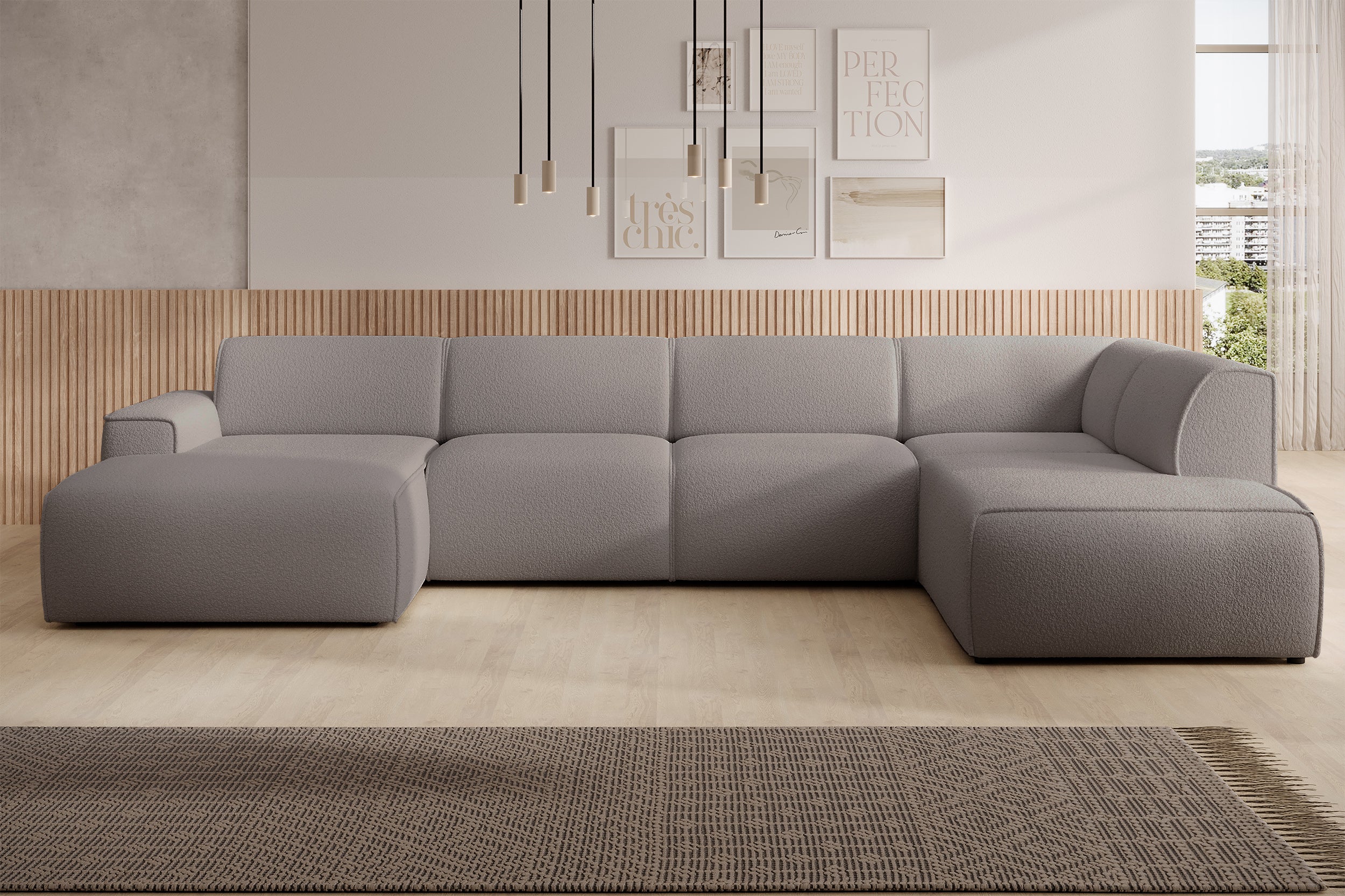 Ecksofa Bouvi U-förmig, rechtsseitig, grau-braun Bouclé