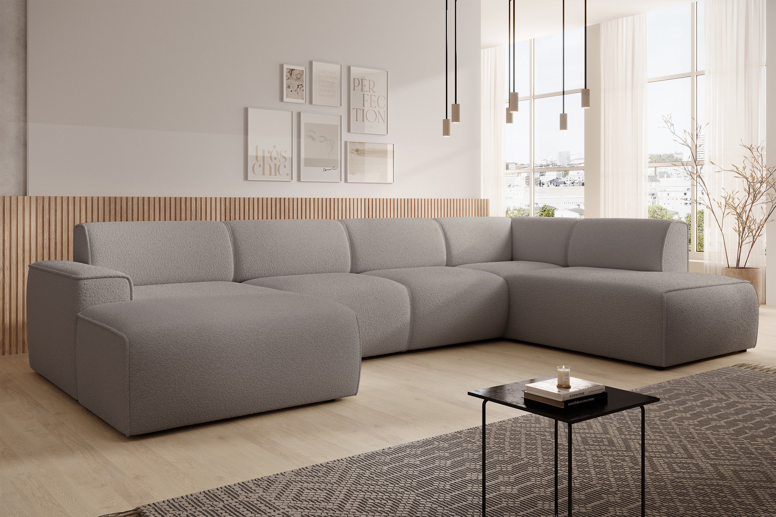 Ecksofa Bouvi U-förmig, rechtsseitig, grau-braun Bouclé