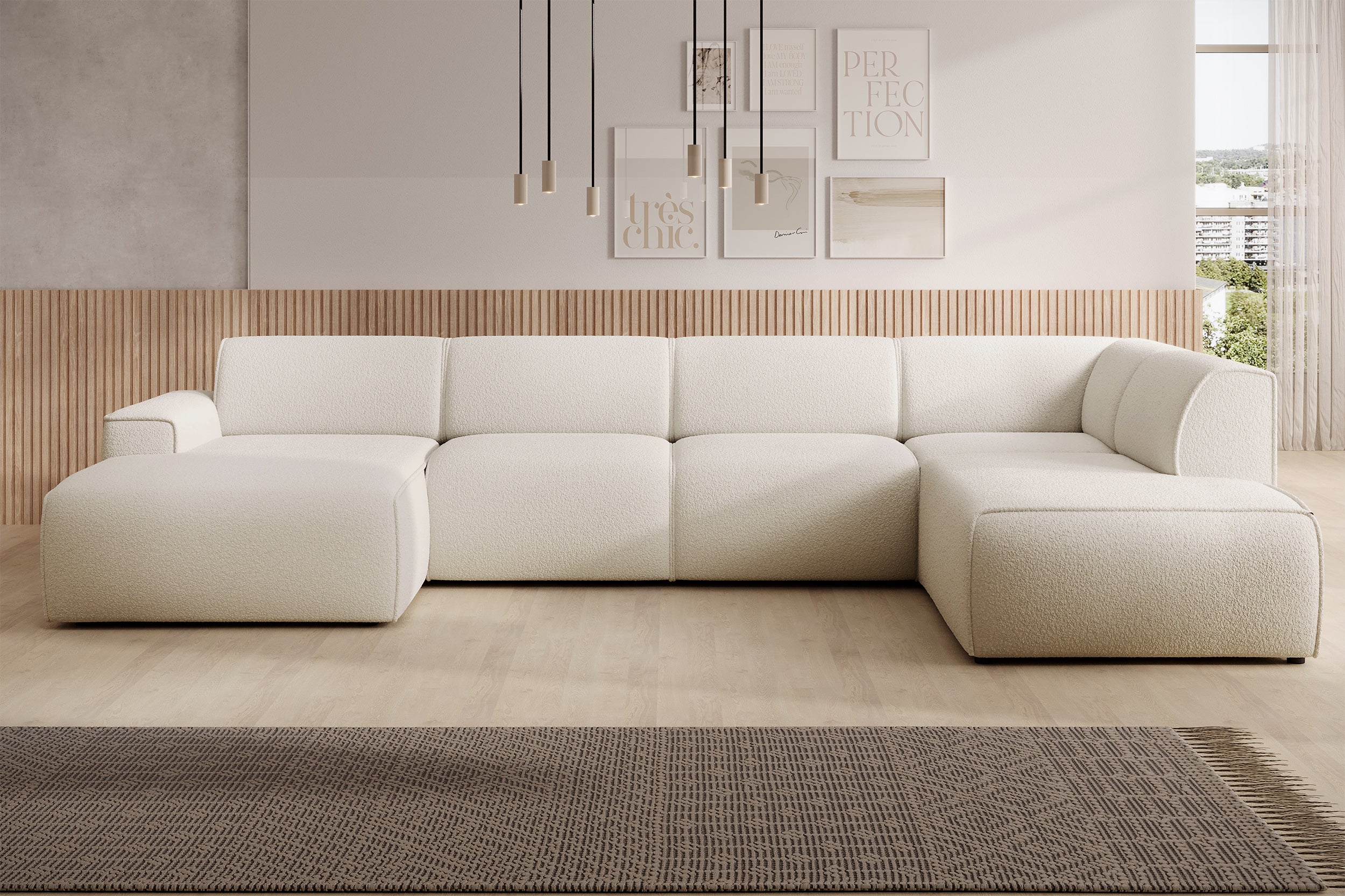 Ecksofa Bouvi U-förmig, rechtsseitig, cremefarbenes Bouclé
