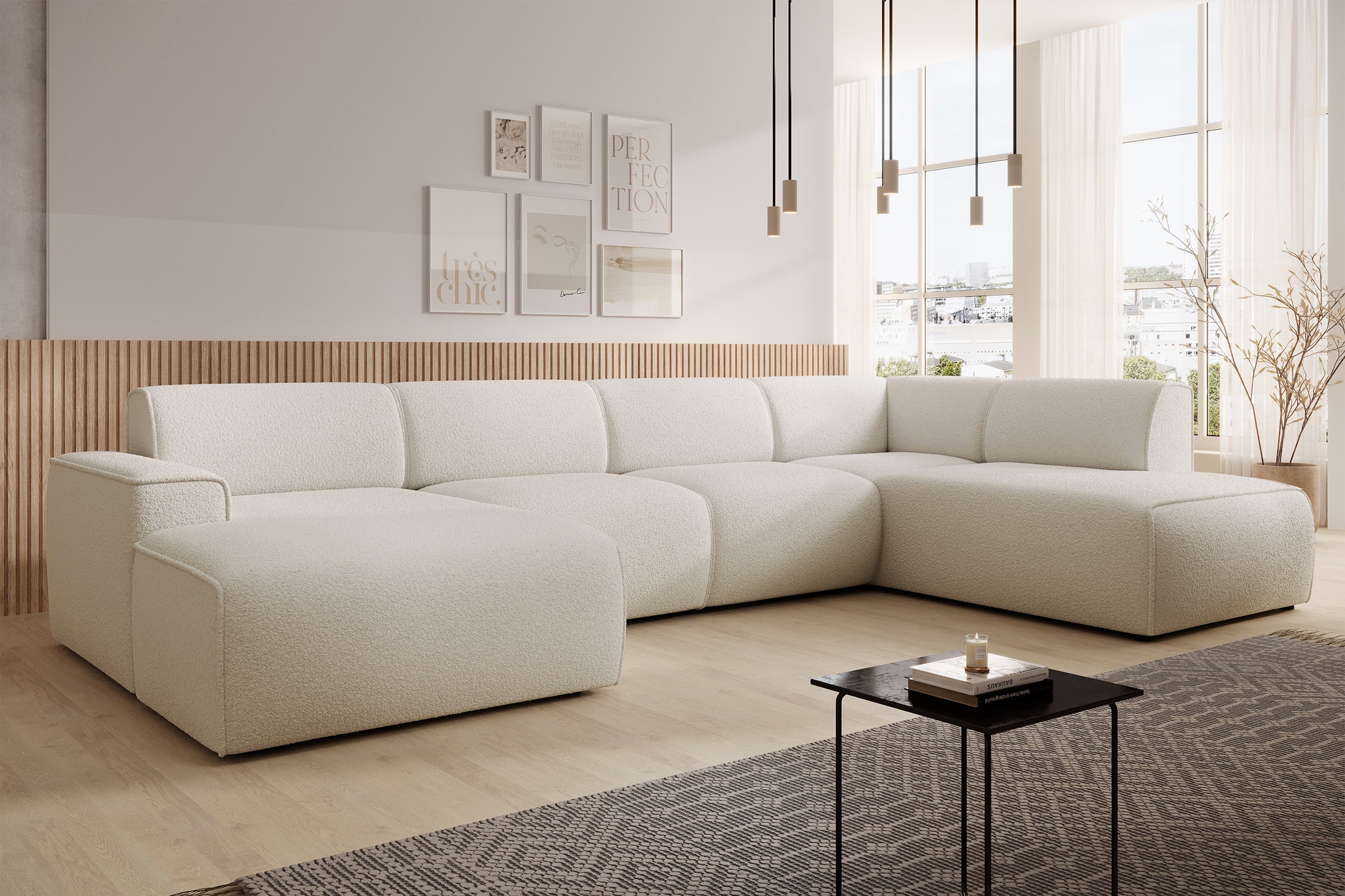 Ecksofa Bouvi U-förmig, rechtsseitig, cremefarbenes Bouclé