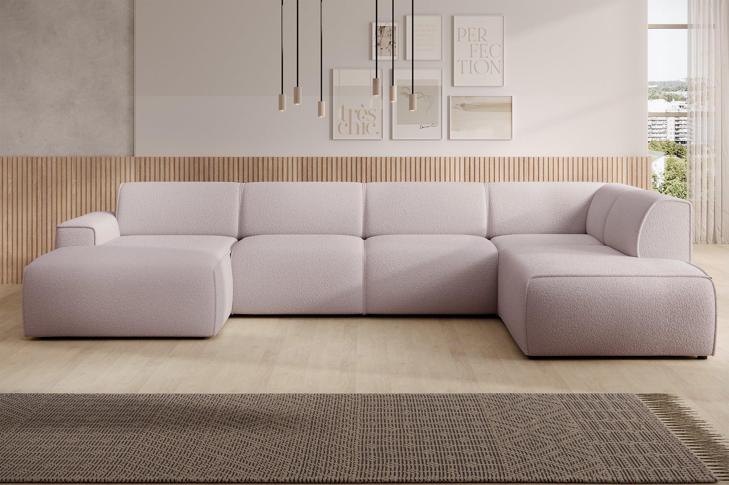Ecksofa Bouvi U-förmig, rechtsseitig, beige Bouclé