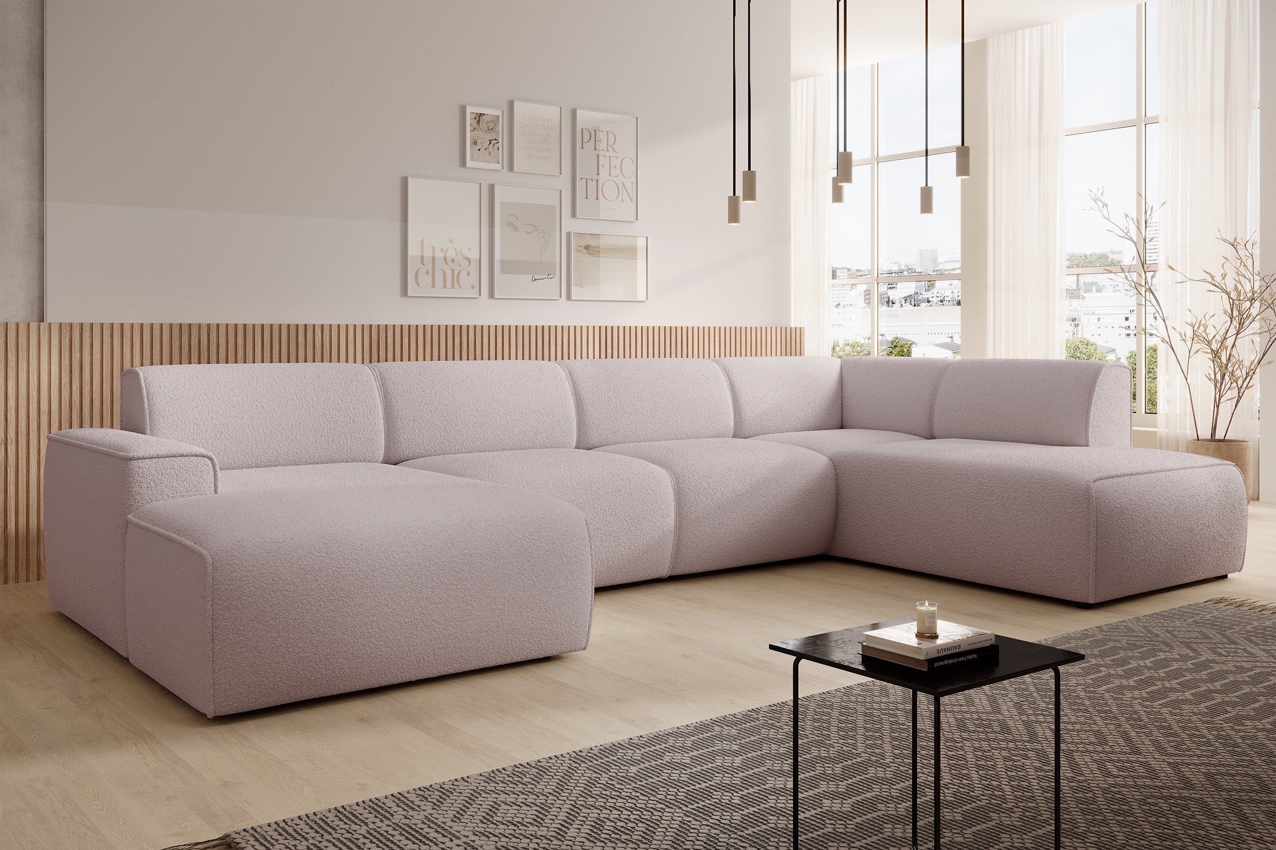 Ecksofa Bouvi U-förmig, rechtsseitig, beige Bouclé