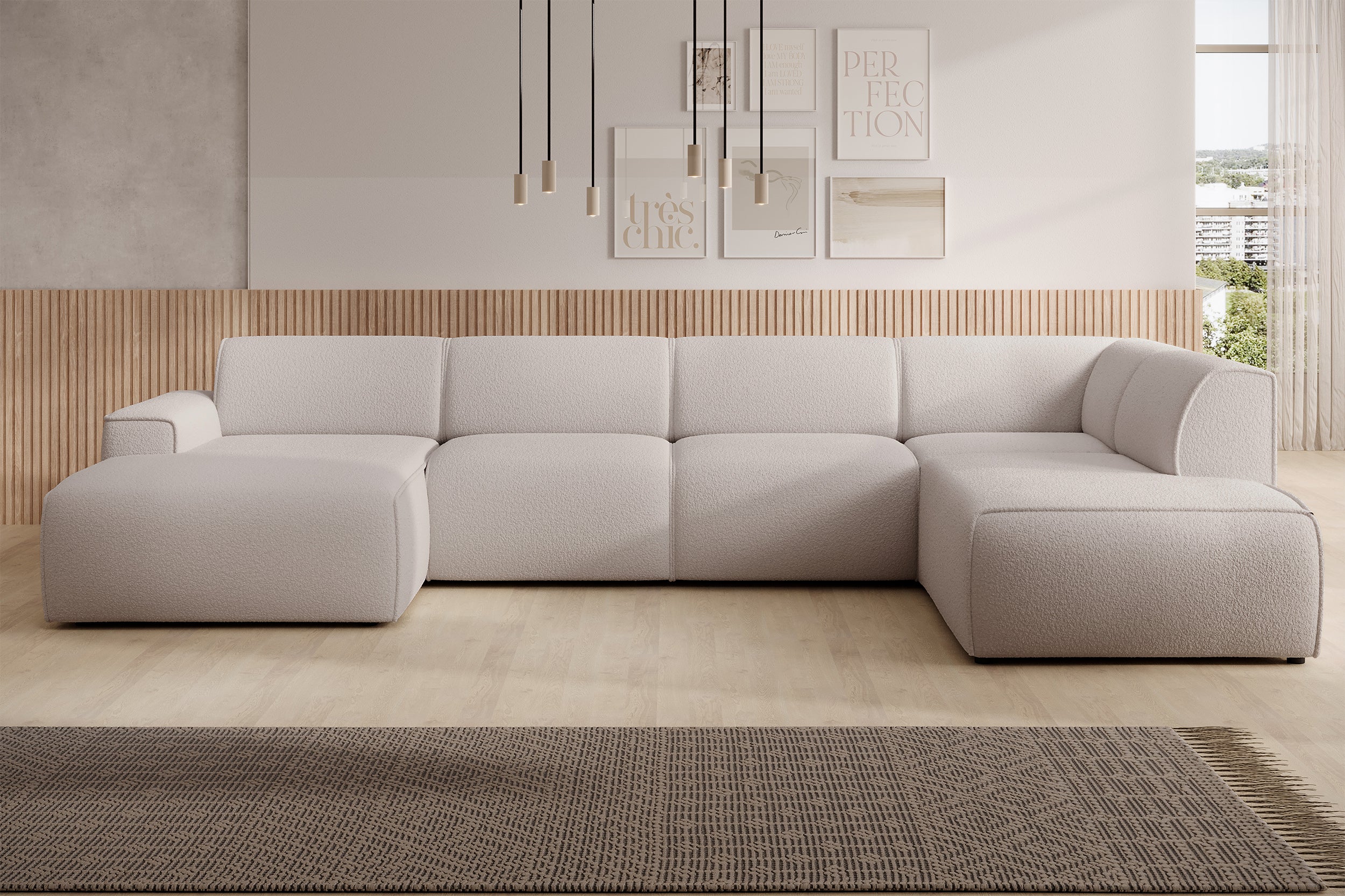 Ecksofa Bouvi U-förmig rechtsseitig hellbeige Bouclé