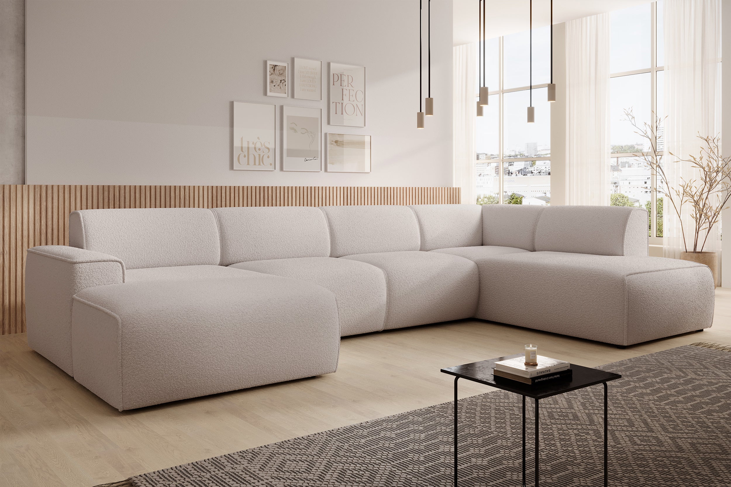 Ecksofa Bouvi U-förmig rechtsseitig hellbeige Bouclé
