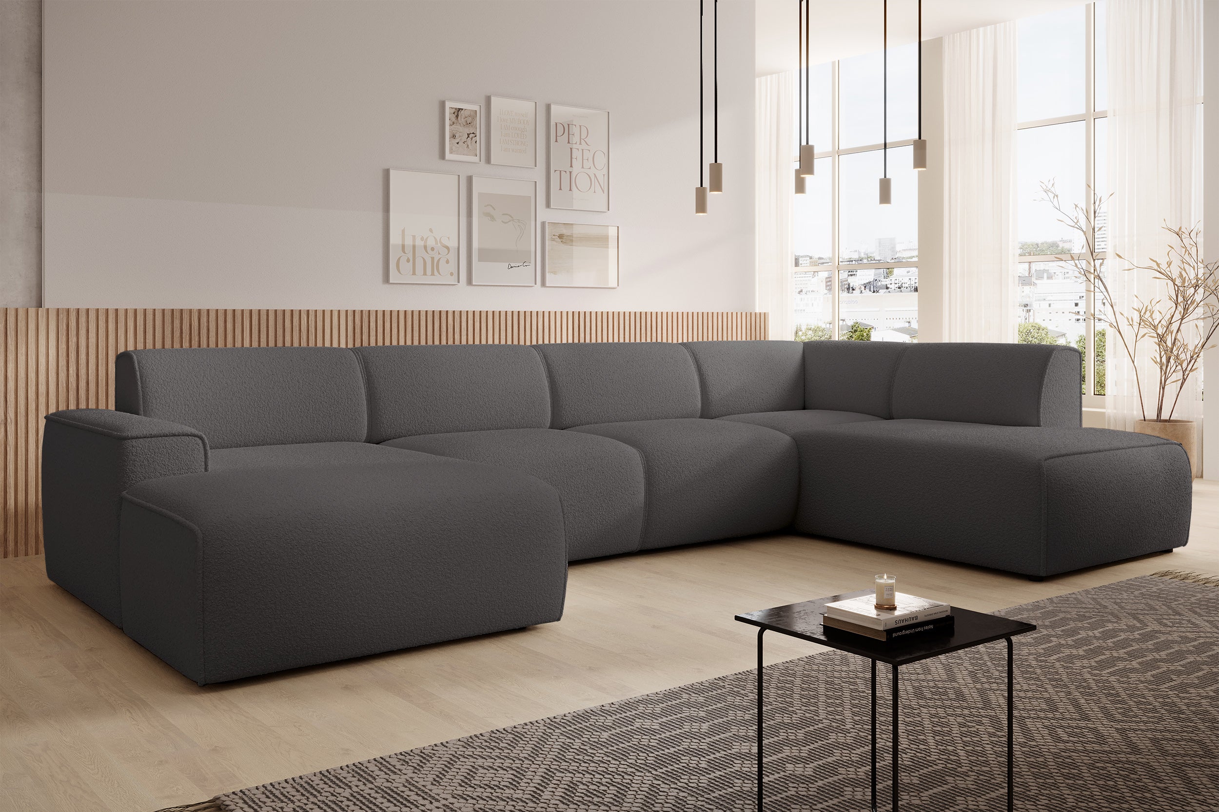 Ecksofa Bouvi U-förmig, rechtsseitig, dunkelgrauer Bouclé-Stoff