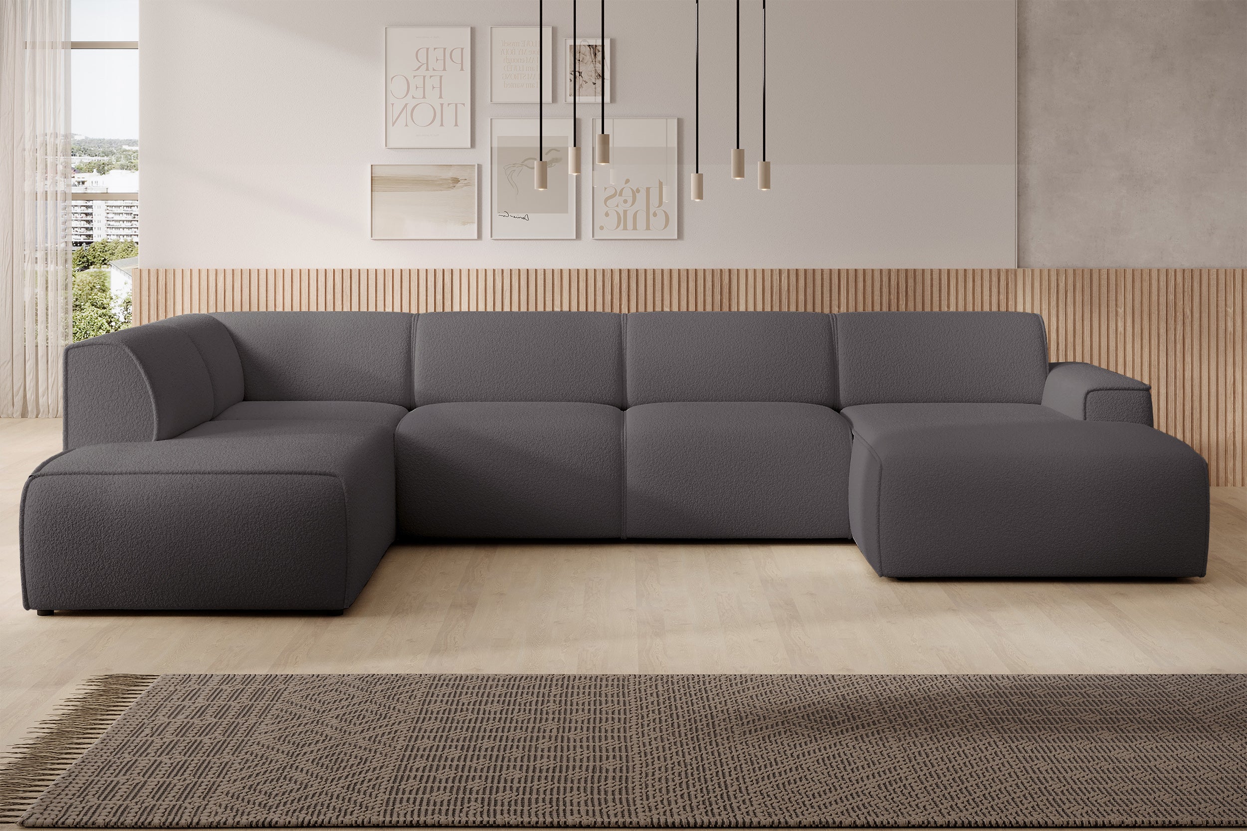 Ecksofa Bouvi U-förmig linksseitig dunkelgrauer Bouclé-Stoff
