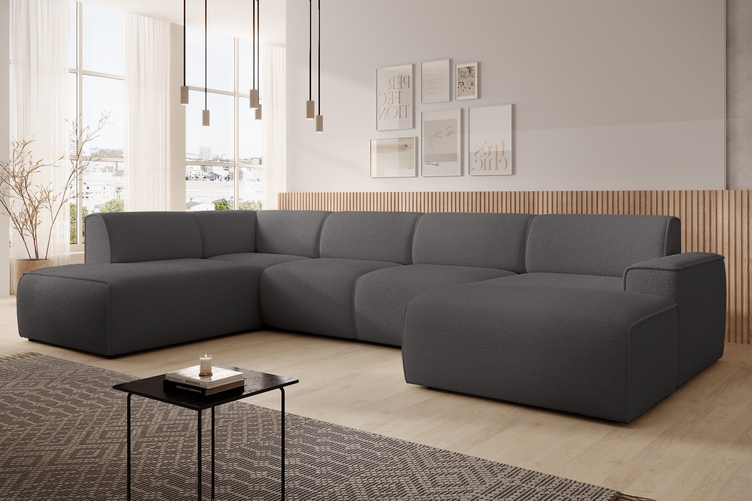Ecksofa Bouvi U-förmig linksseitig dunkelgrauer Bouclé-Stoff