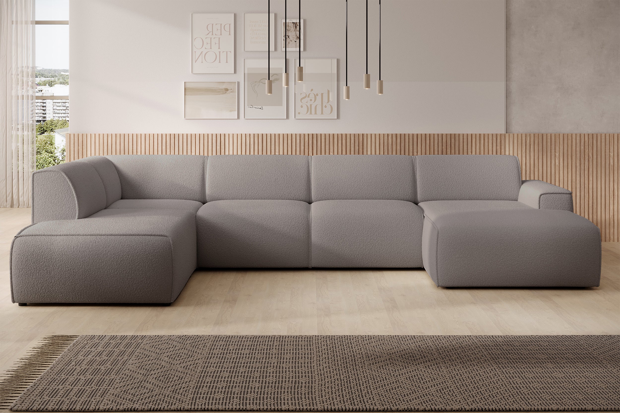 Ecksofa Bouvi U-förmig linksseitig in grau-braunem Bouclé