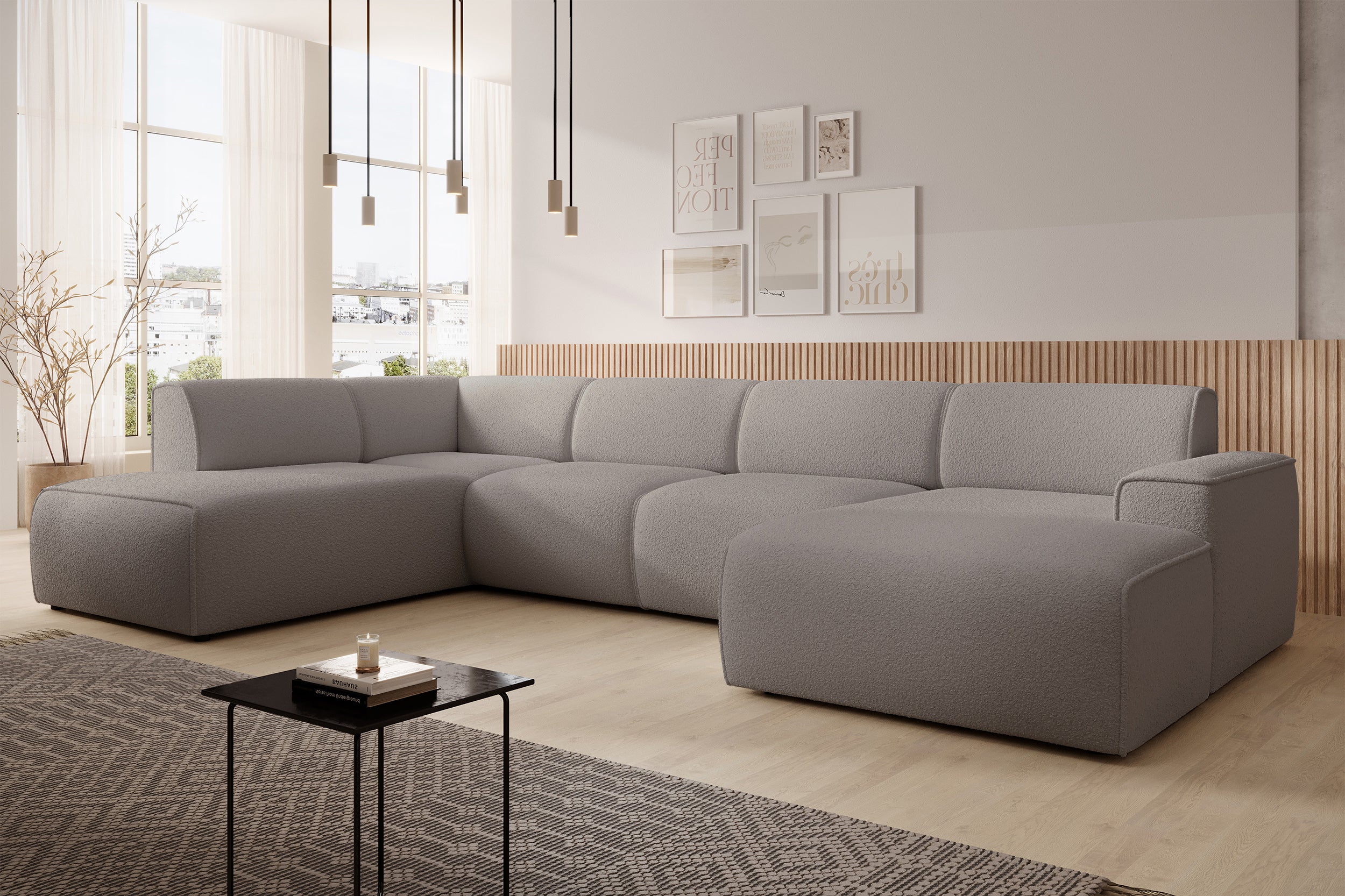 Ecksofa Bouvi U-förmig linksseitig in grau-braunem Bouclé