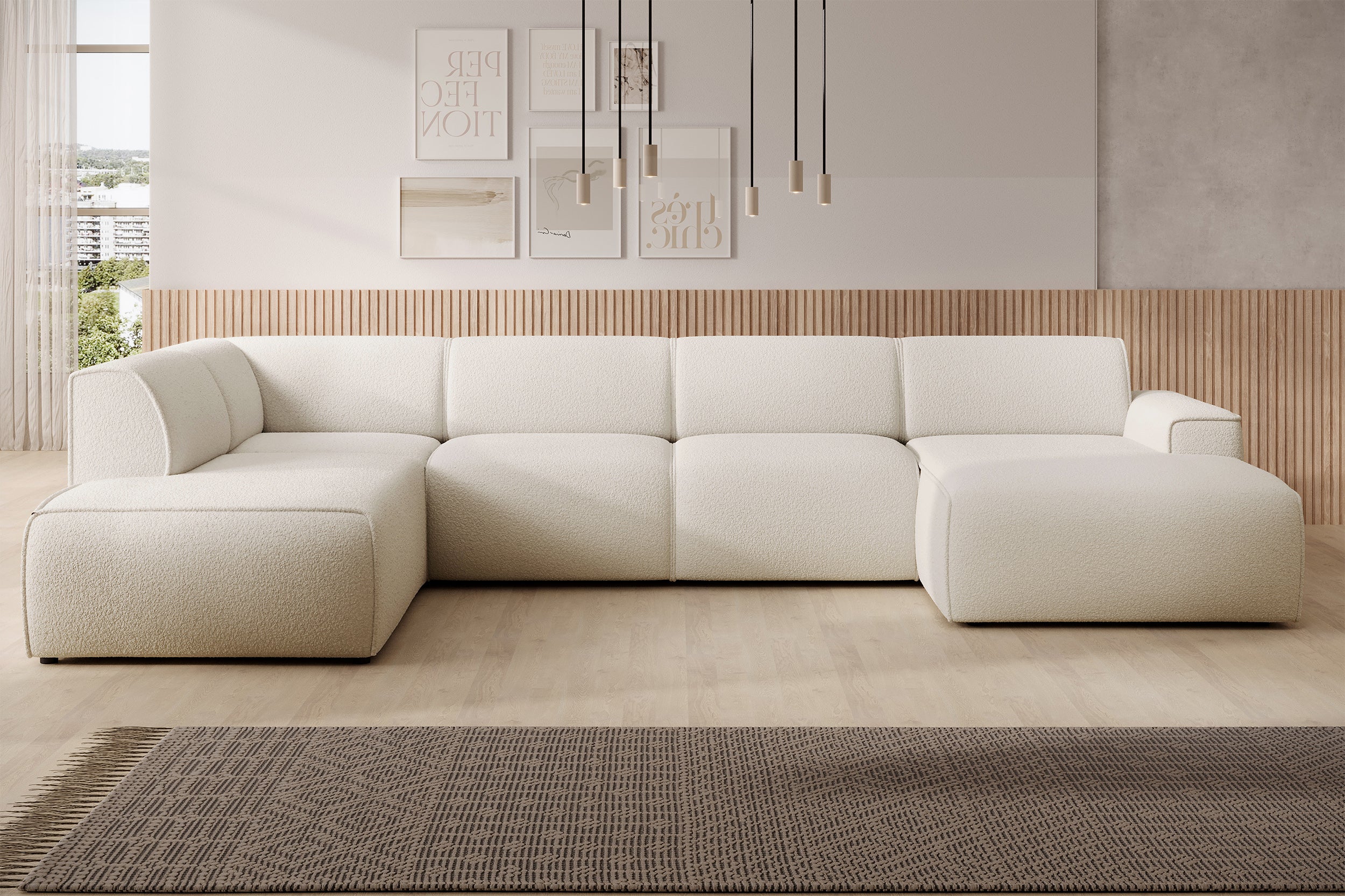Ecksofa Bouvi U-förmig linksseitig cremefarben Bouclé