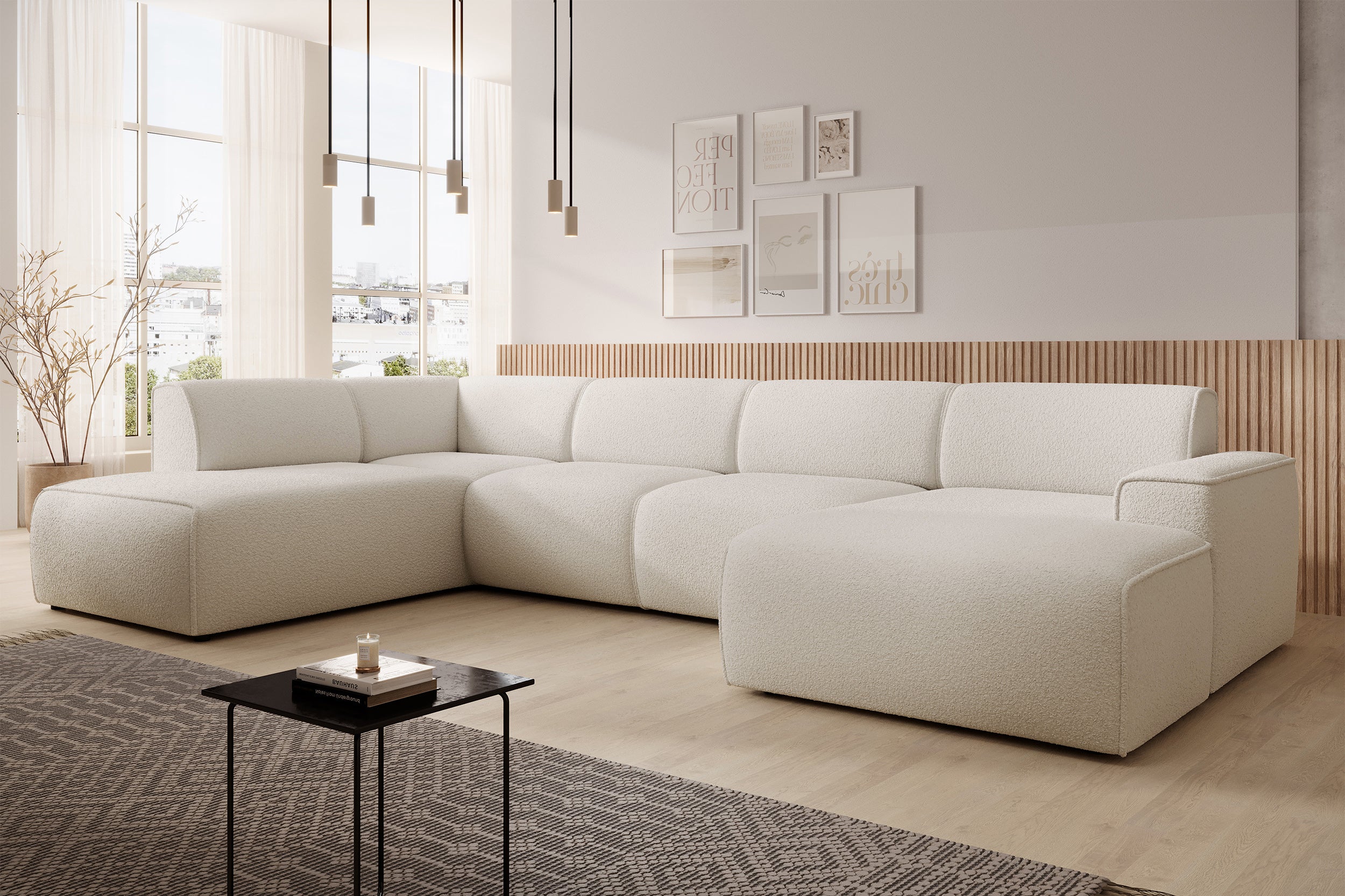 Ecksofa Bouvi U-förmig linksseitig cremefarben Bouclé