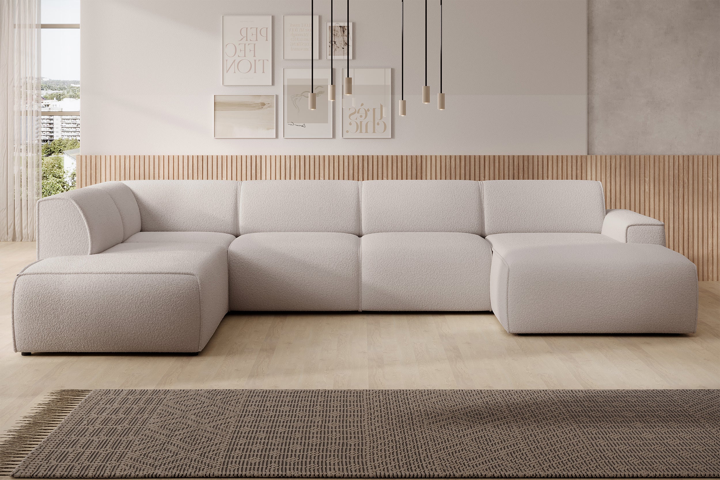 Ecksofa Bouvi U-förmig linksseitig hellbeige Bouclé