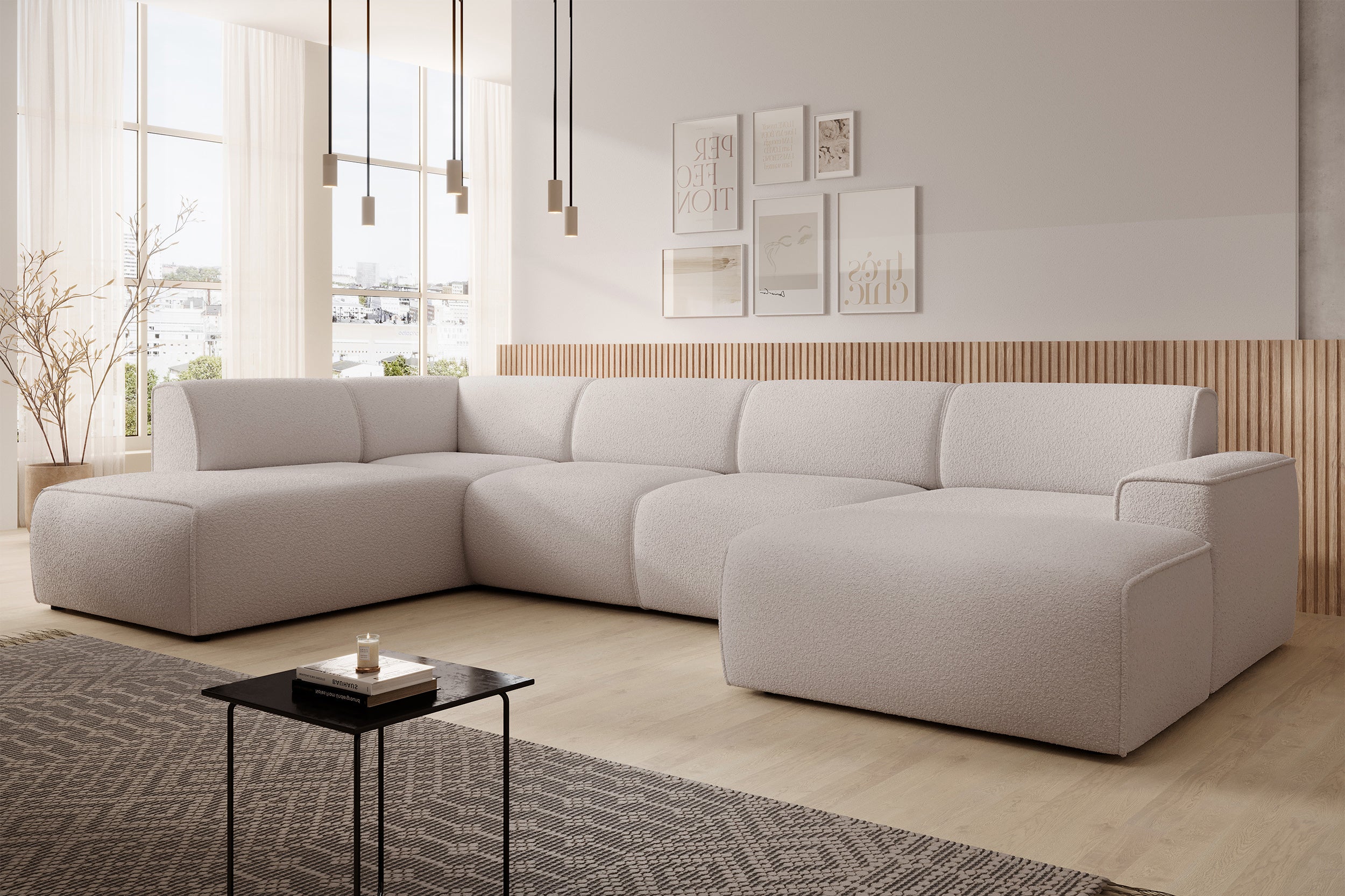 Ecksofa Bouvi U-förmig linksseitig hellbeige Bouclé