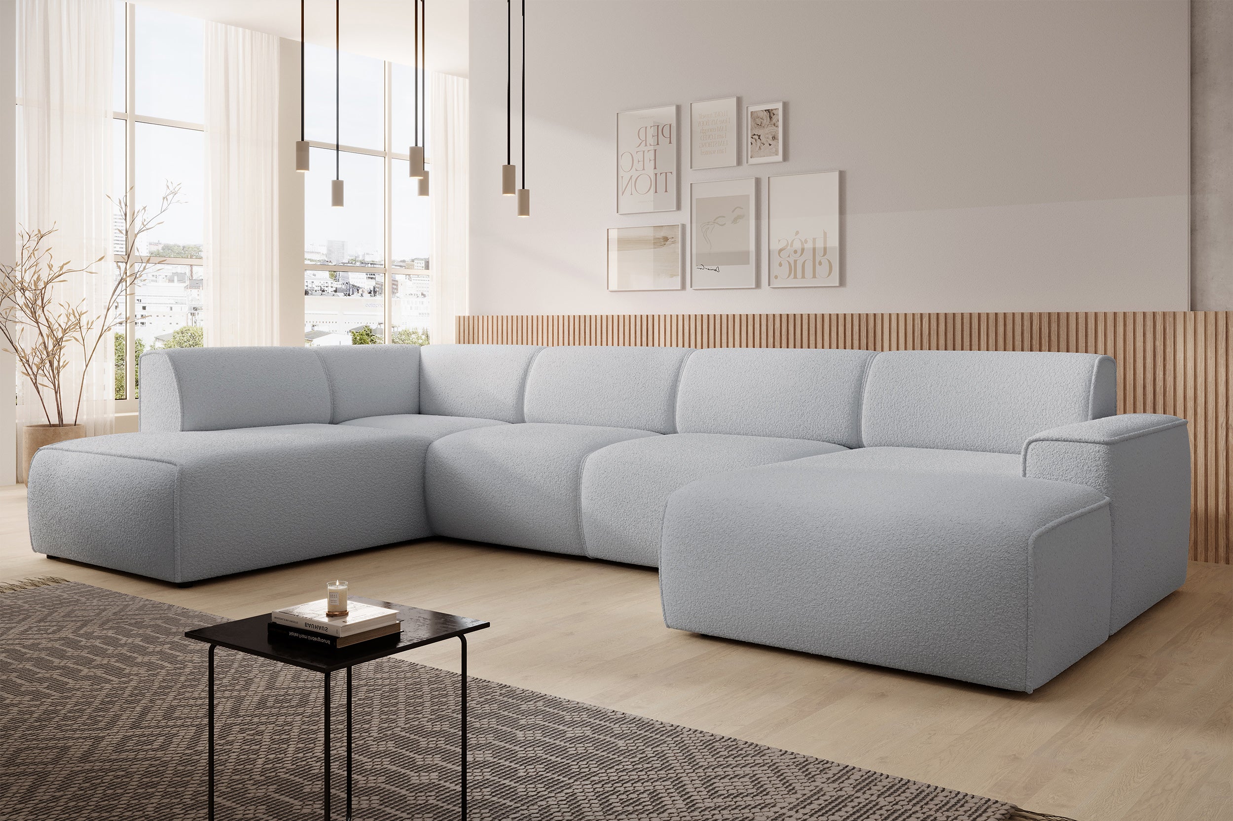 Ecksofa Bouvi U-förmig, linksseitig, hellgrauer Bouclé-Stoff