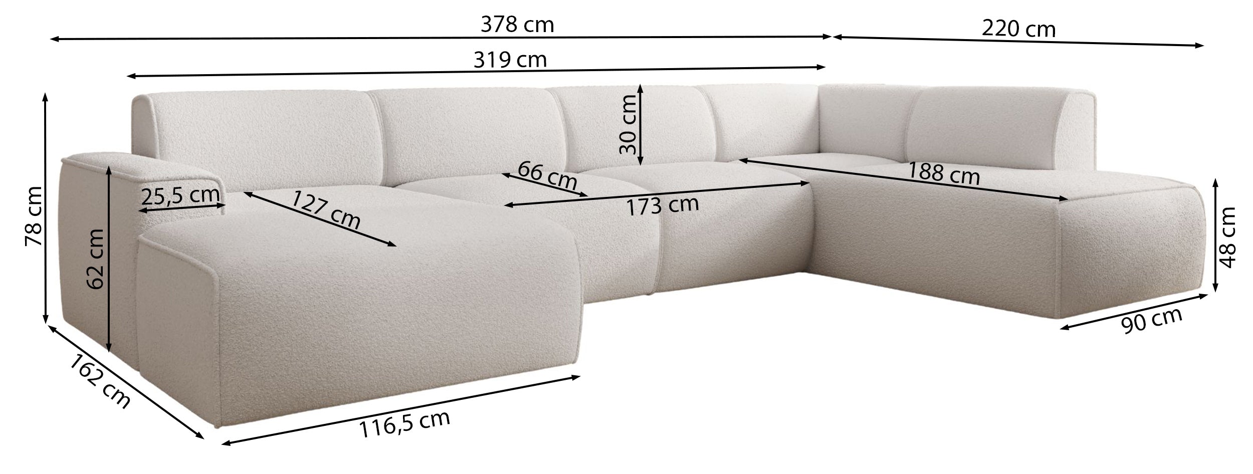 Ecksofa Bouvi U-förmig, rechtsseitig, cremefarbenes Bouclé